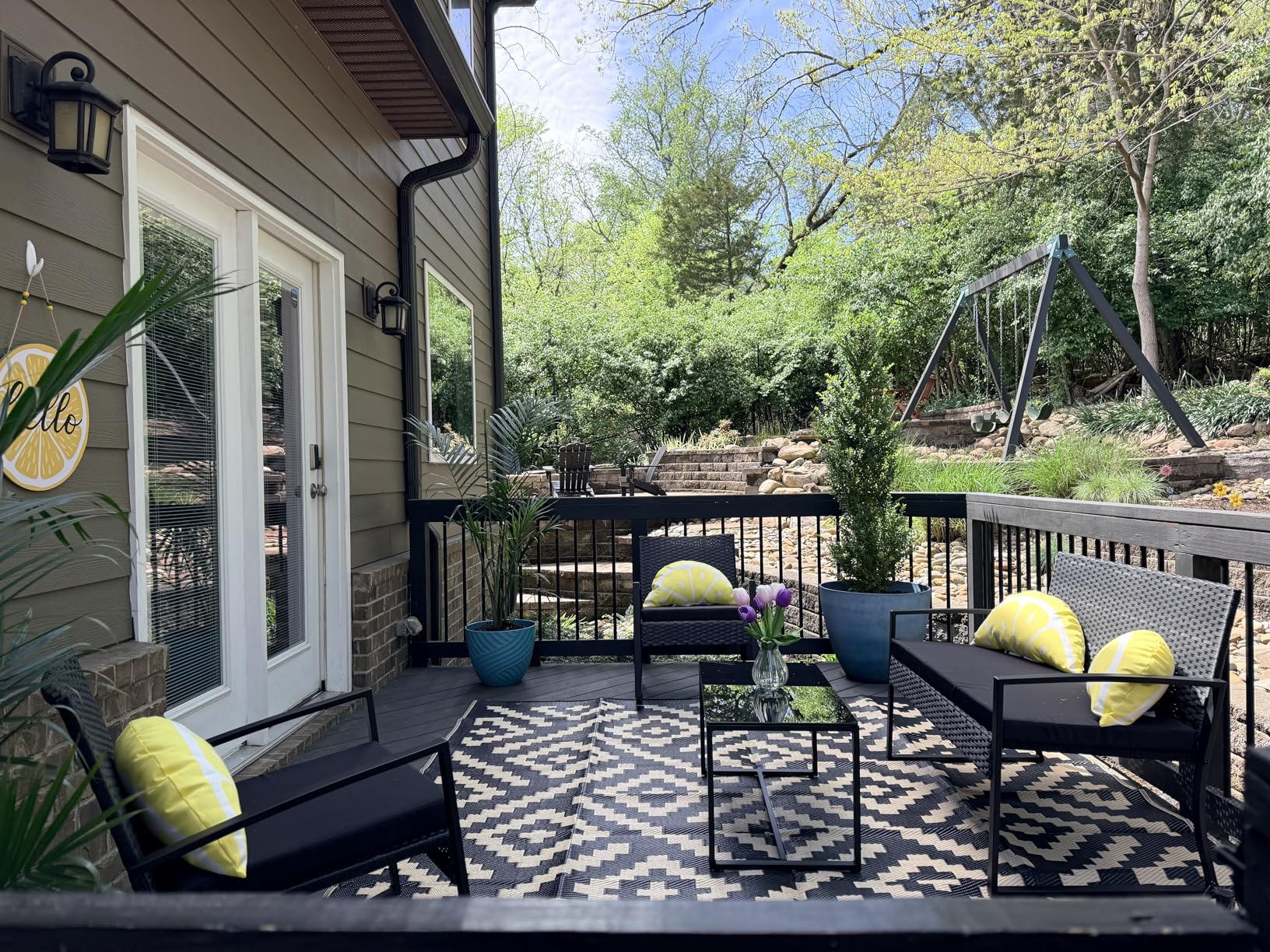 Ahomly 4 Piece Outdoor Patio Furniture Set, Wicker Patio Furniture with Glass Coffee Table, Rocking Wicker Bistro Set, for Backyard, Poolside, Porch (Grey) customer photo 1