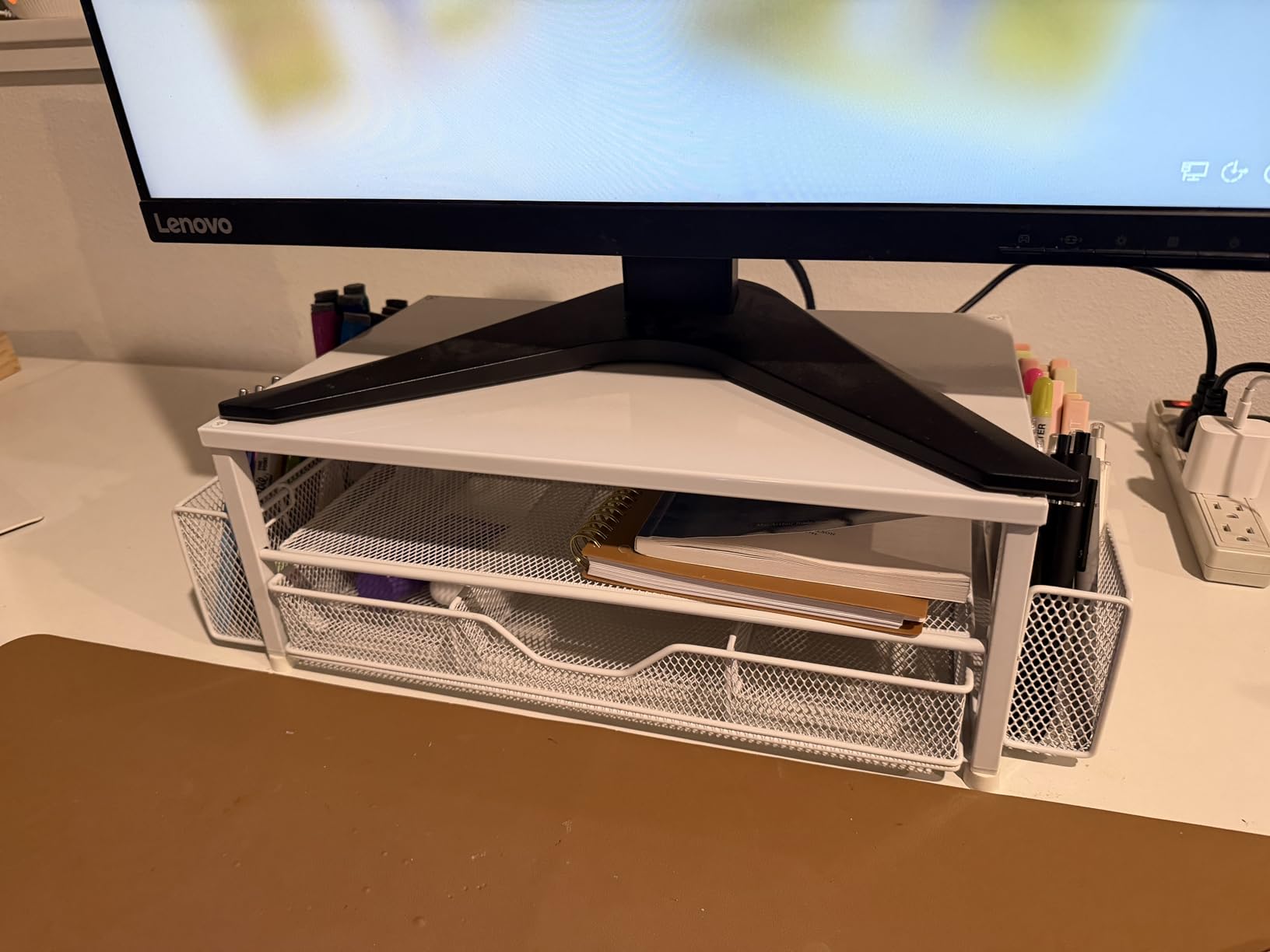 OPNICE Desk Organizer and Accessories, 2-Tier Computer Monitor Stand Riser with Drawer and 2 Pen Holders, Laptop Stand, Office Desk Accessories for Office Supplies, Black customer photo 1