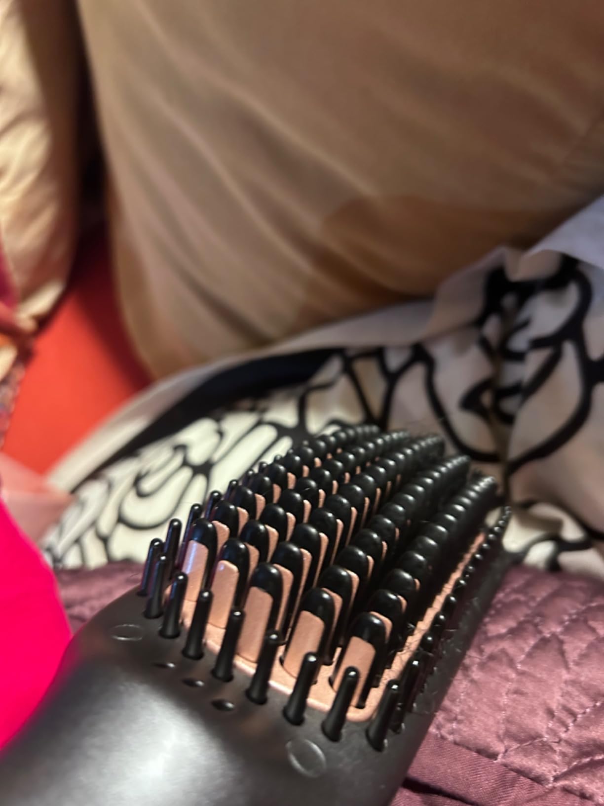 LANDOT Straightener Brush for Smooth Shine Hair - Keratin & Argan Oil Coated Bristles, Ionic Ceramic Straightening Brush to Reduce Frizz & Nourish Hair, Dual Voltage, 12 Temp 250-450F, Purple customer photo 2