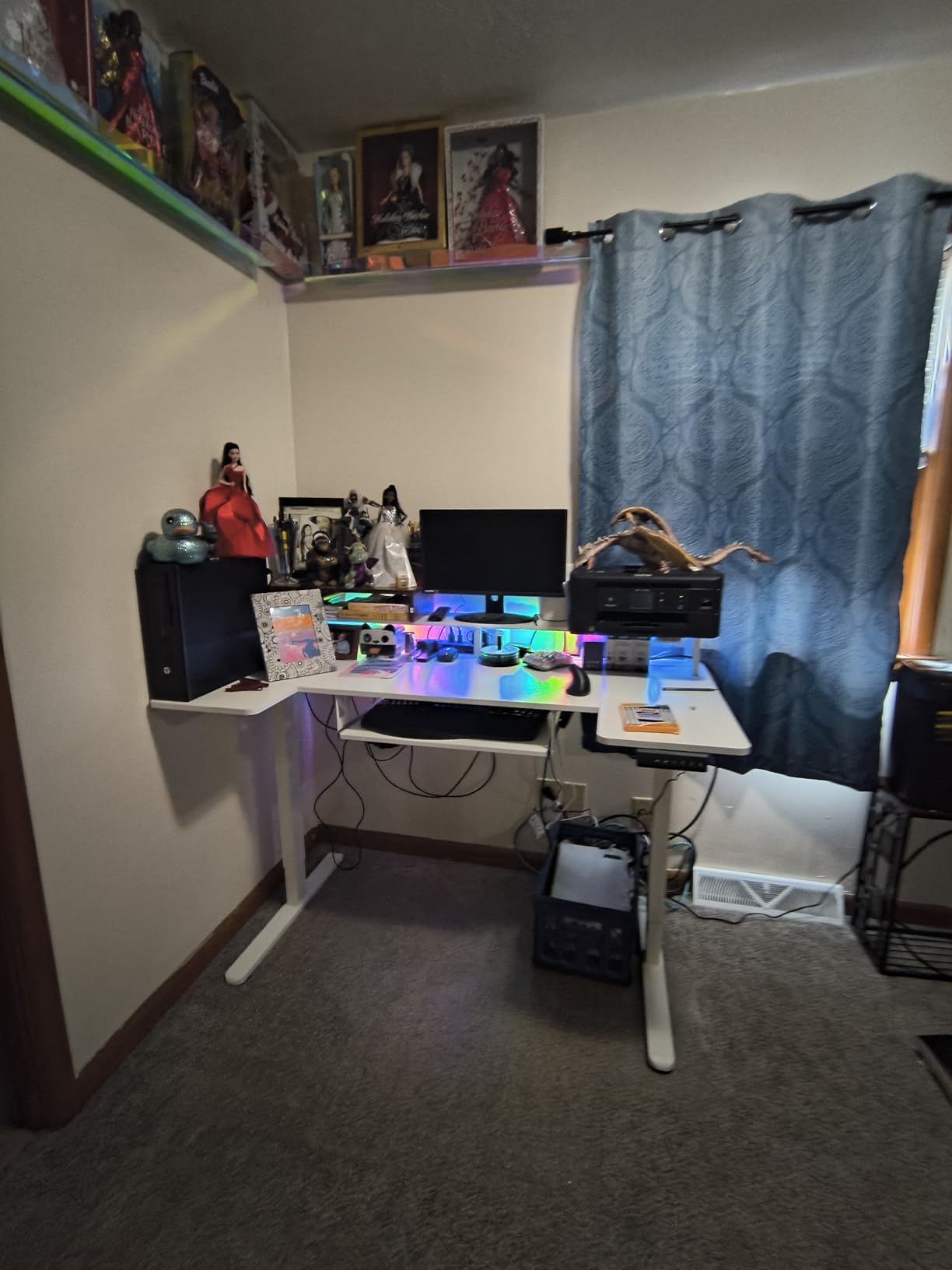 OffiGo U Shaped Electric Standing Desk with Keyboard Tray, 55 Inch Height Adjustable Desk with Power Outlets & LED Lights, Sit Stand Table with Monitor Stand for Home, Office, White customer photo 1