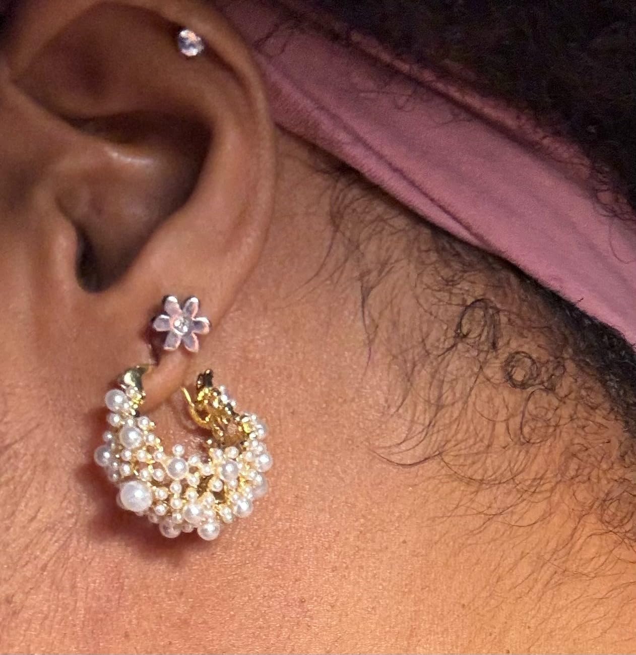 Pearl Chunky Gold Hoop Earrings for Women Trendy Stack Small Pearl Hoop Earrings customer photo 2