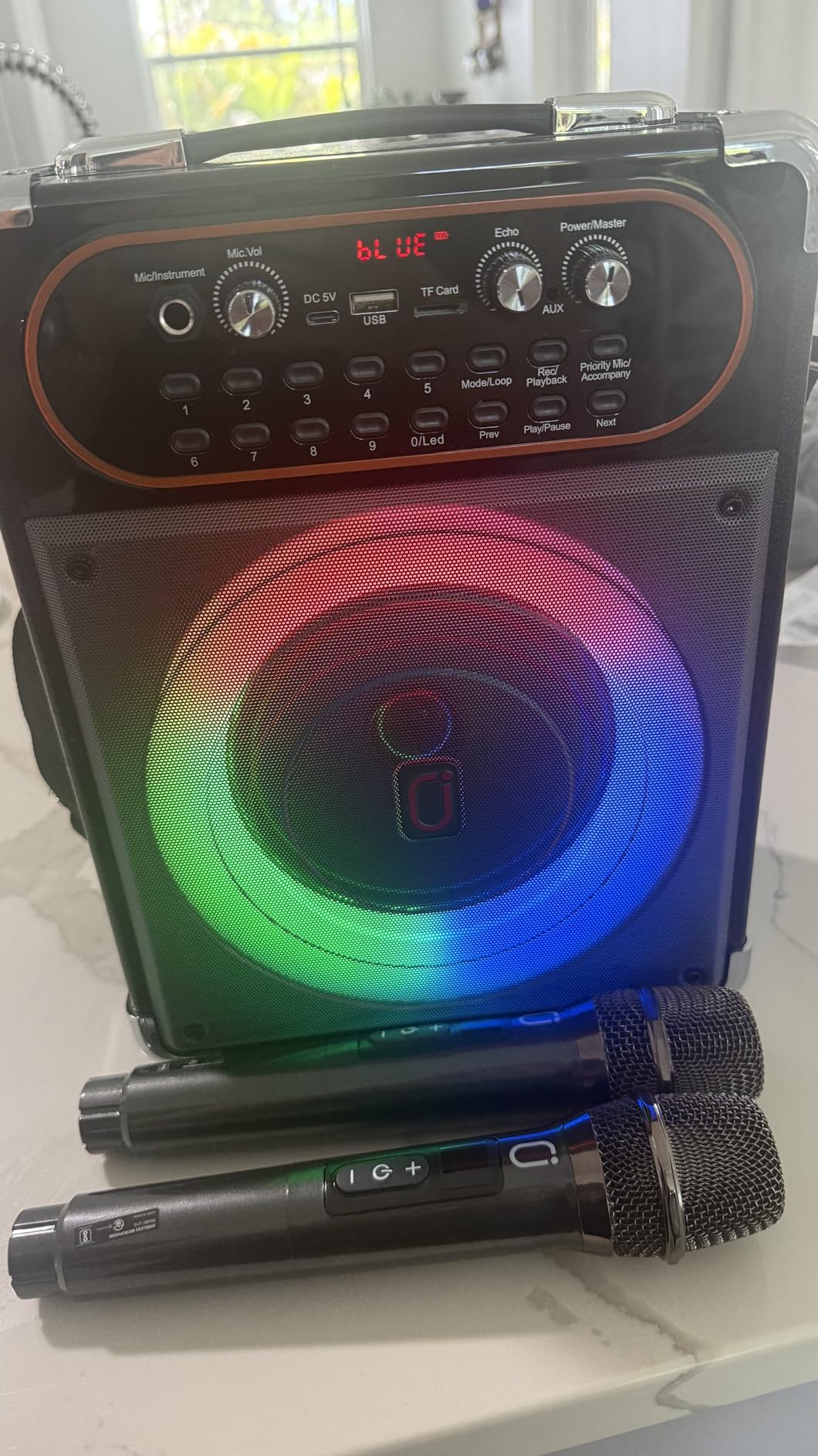 HWWR Karaoke Machine, Portable Bluetooth 5.3 Speaker with 2 Wireless Microphones for Adults, PA System with Echo Adjustment, Support TWS/TF Card/USB/AUX/TVs Connected, Stage Subwoofers customer photo 1