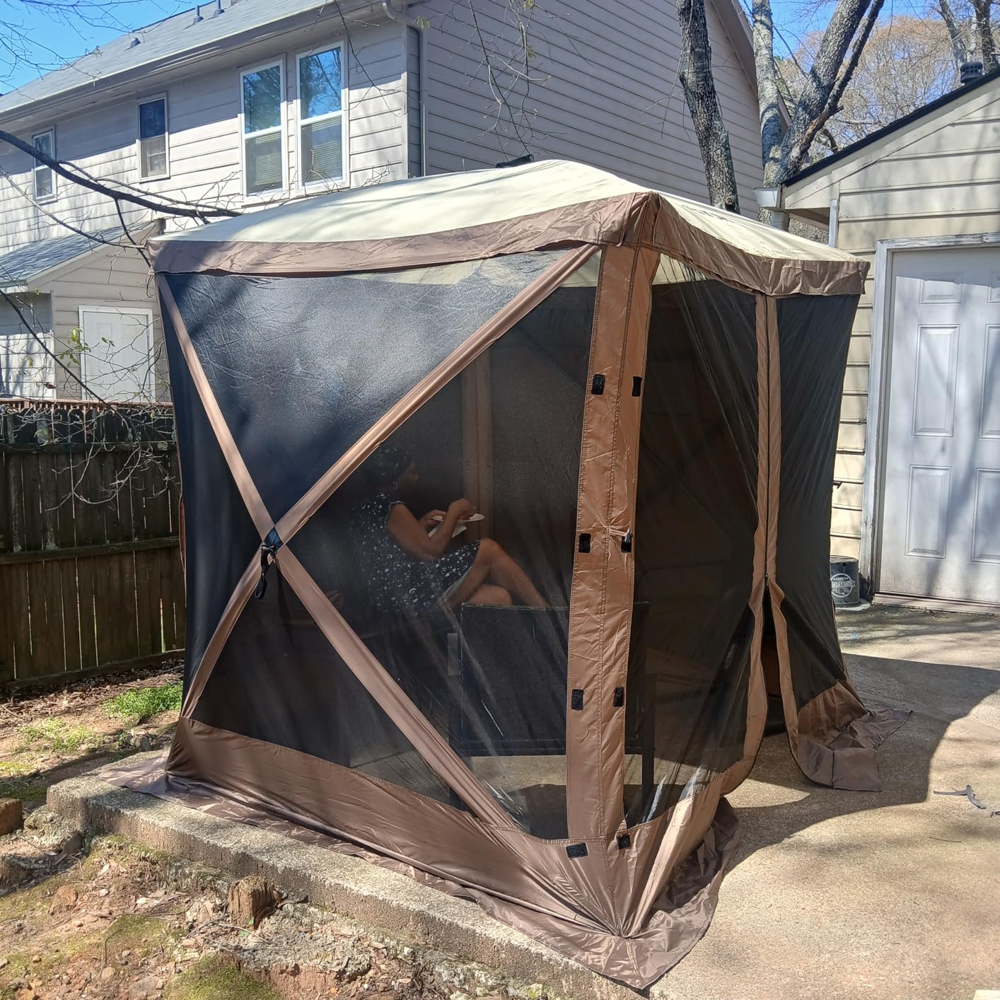 VEVOR Pop Up Gazebo Screen Tent 6 Sided Canopy Sun Shelter with 6 Removable Privacy Wind Cloths & Mesh Windows, 12.5x12.5FT Quick Set Screen Tent with Mosquito Netting, Brown customer photo 2