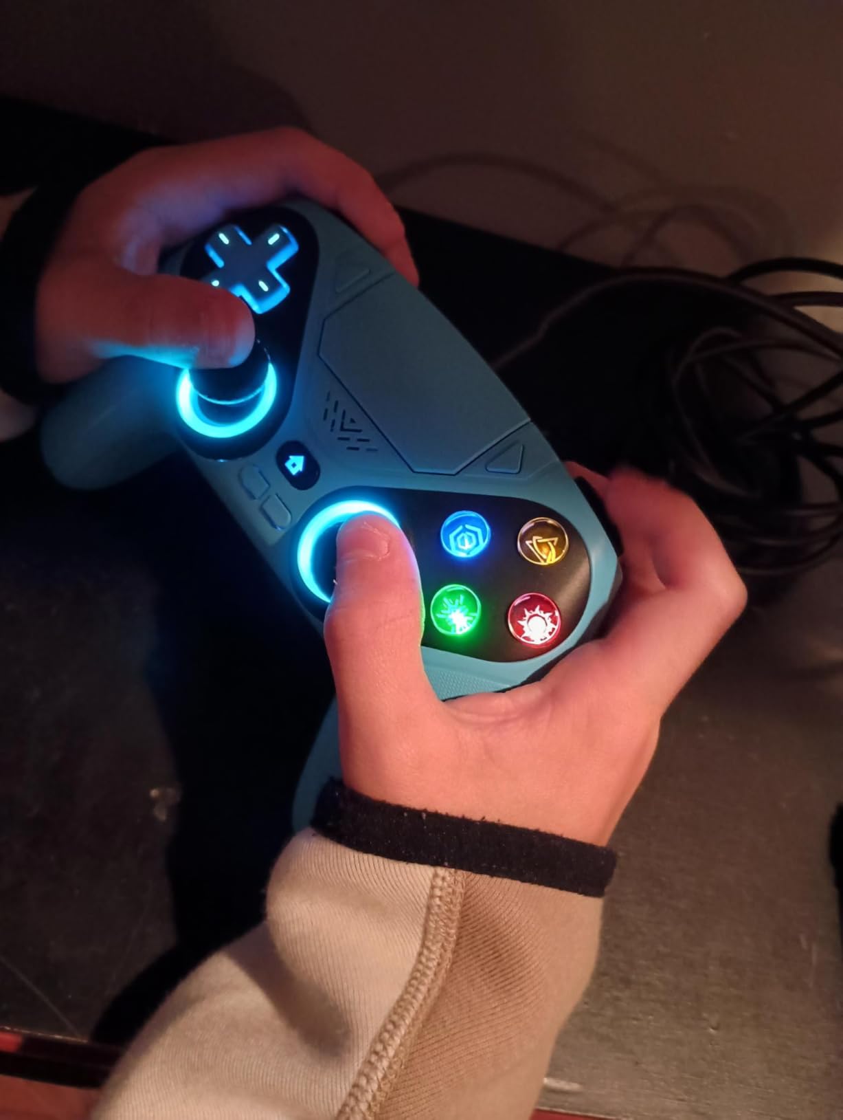 Dinosoo RGB Wireless Controller for PS5/PlayStation 5 PC, Bluetooth Controller with Turbo, Macro, Dynamic Vibration, 6-Axis Motion Control, 3.5mm Audio Jack, 1000mAh Battery, Speaker - Blue customer photo 2