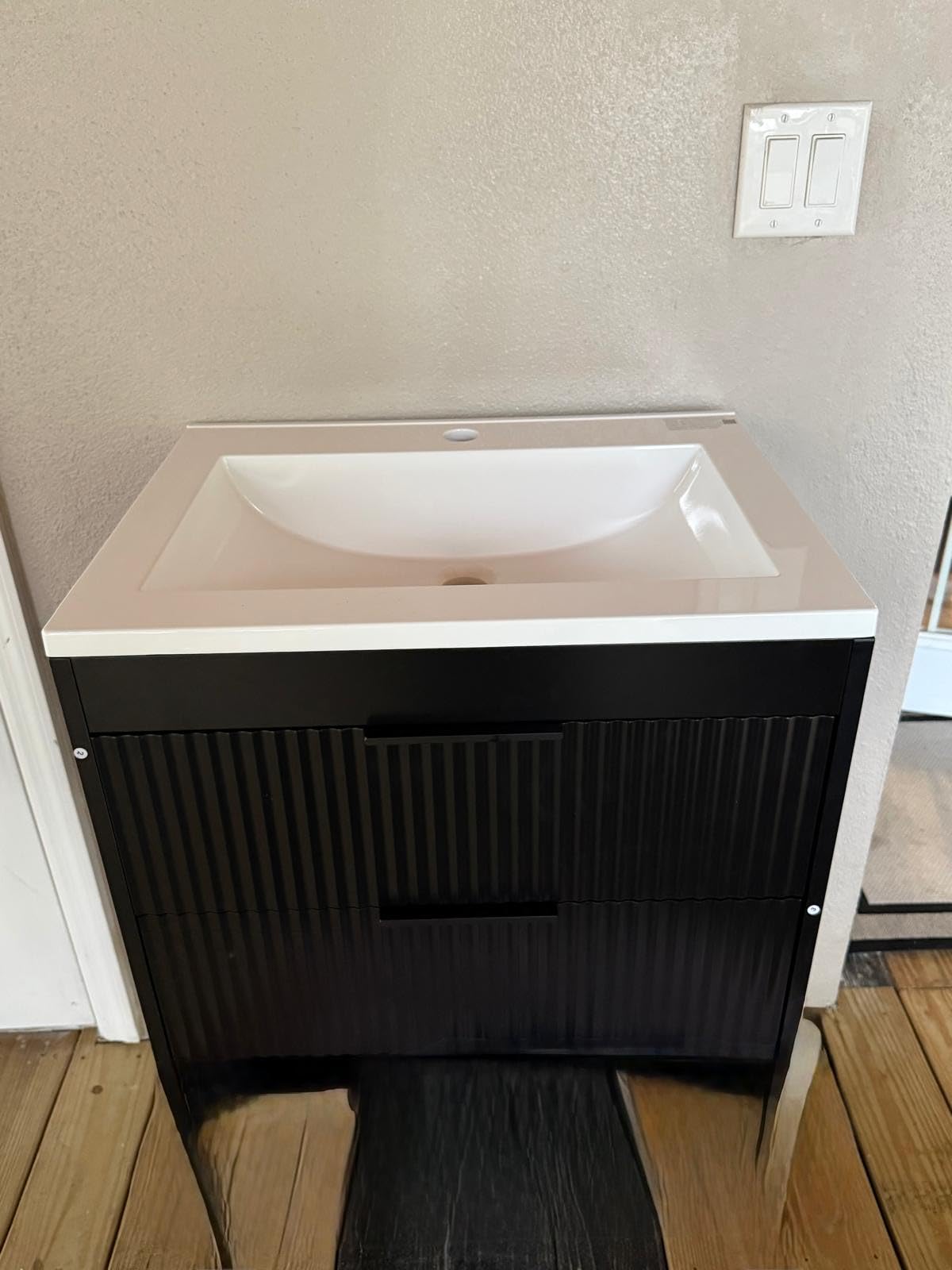24 Inches Modern MDF Bathroom Vanity with Sink, Wall Mounted Floating Cabinets w/Double Drawers, Black Handles, White Resin Sink Combo Set (Black, 24