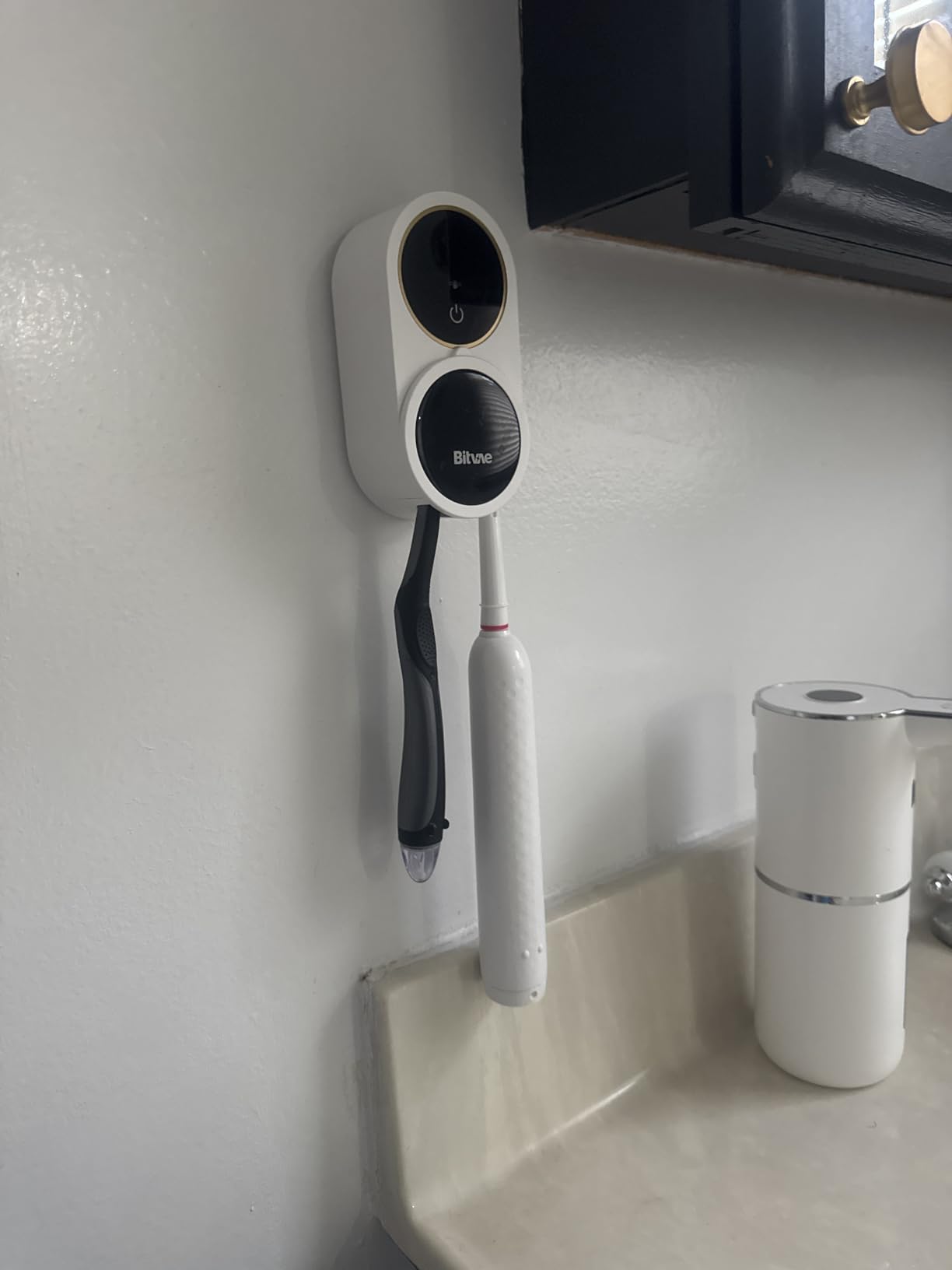 Bitvae Upgraded Tooth Brush Holder for Bathroom 2.0, Infrared Sensing Toothbrush Cleaner, Wall-Mounted for Most Size Toothbrushes, Air Drying, LED Smart Screen, White Gold Trim customer photo 2