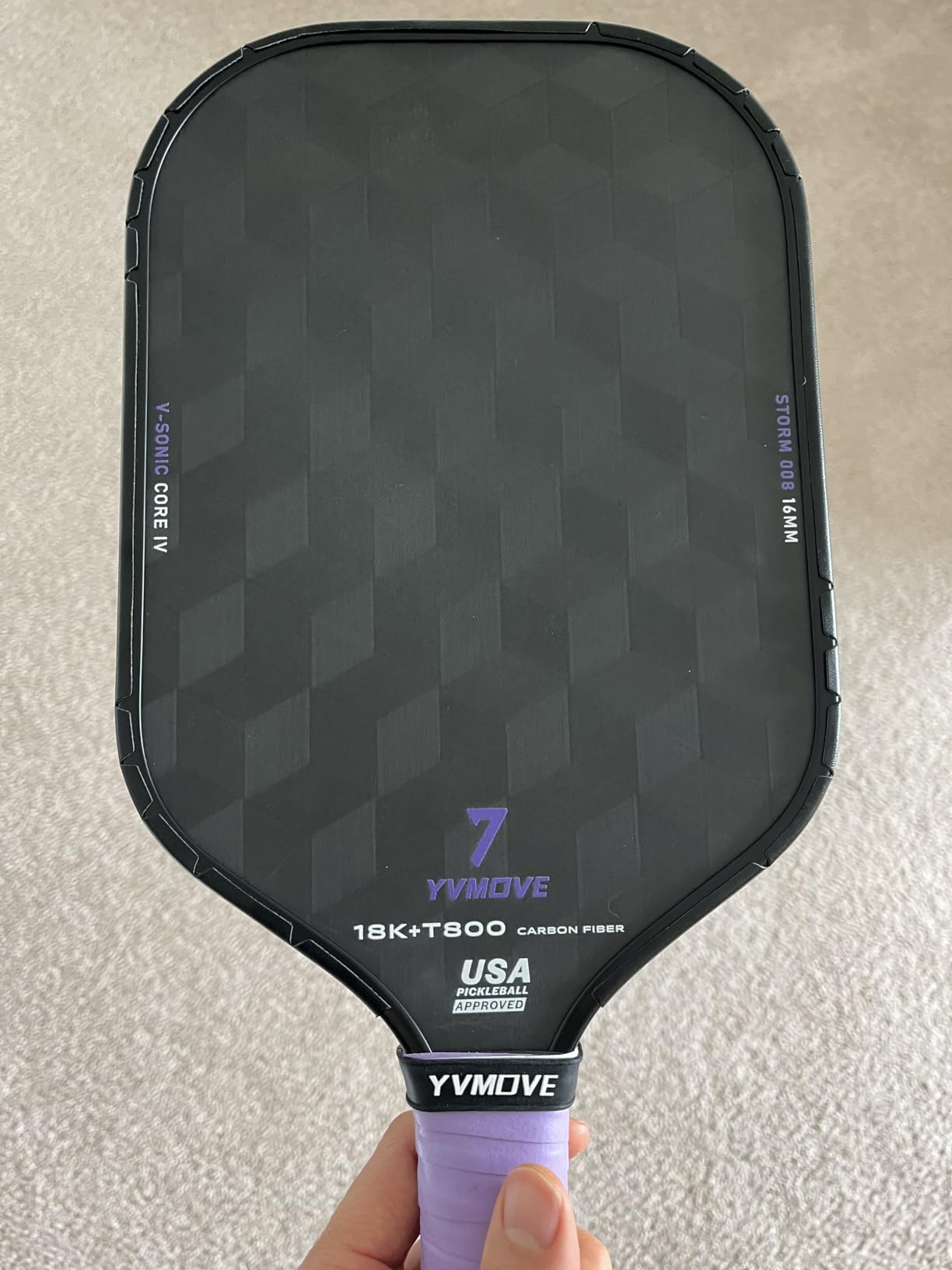 YVmove T800 Carbon Fiber Pickleball Paddle with 16mm V-Sonic IV Dynamic Core, Premium Pickle Ball Thermoformed Unibody, Elongated Shape, Enhanced Power & Ultimate Spin, USAPA Approved, Storm008 customer photo 1