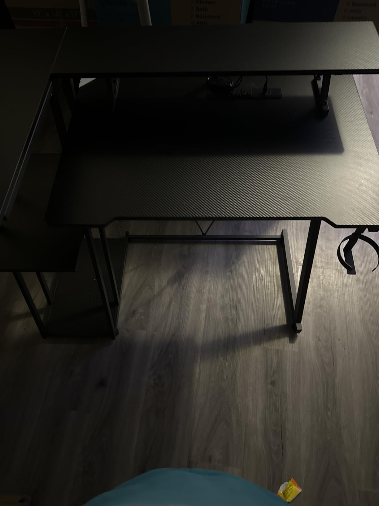 Korfile 40 Inch Gaming Desk with Power Outlet & LED Lights, L Shaped Computer Gaming Table with 3 Tiers Storage Shelves, Corner Gamer Desk with Monitor Stand for Small Space, Carbon Fiber Black customer photo 2