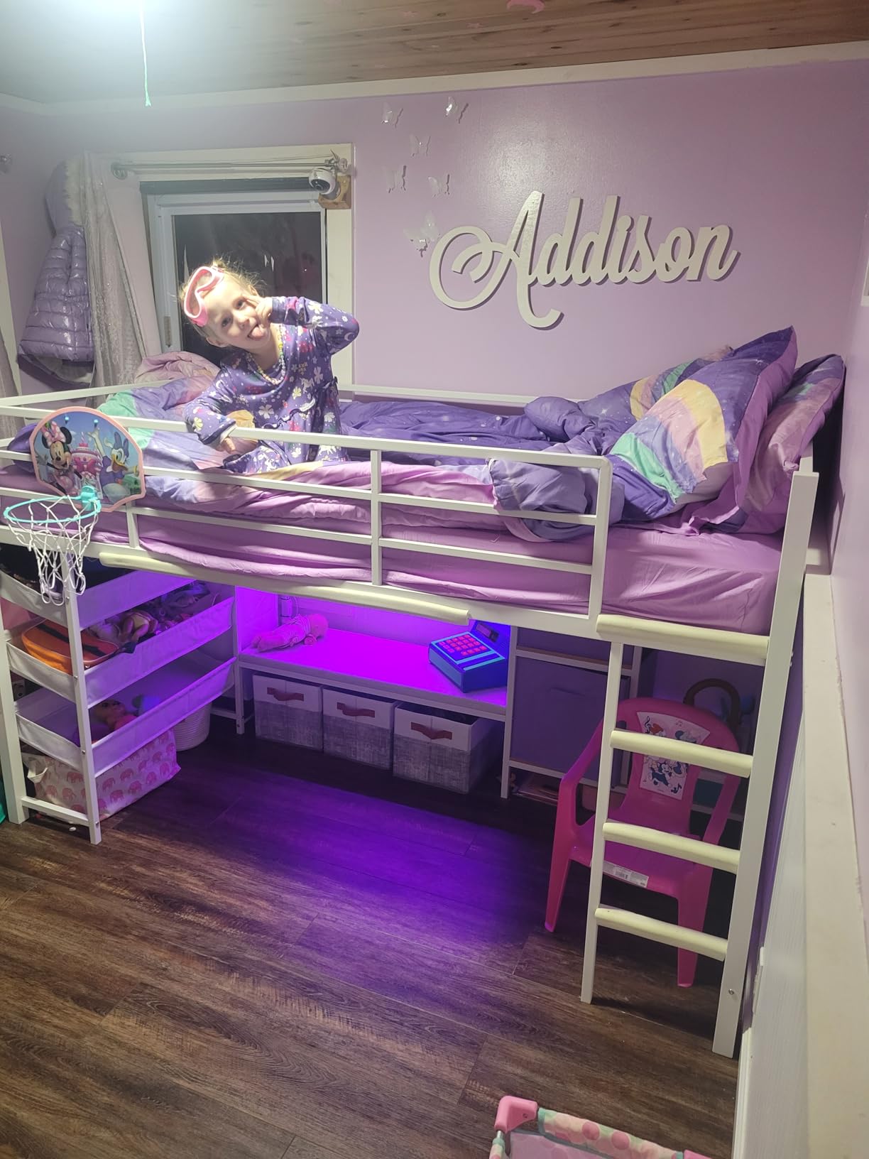 DICTAC Low Twin Loft Bed with Storage, Reading Corner and LED Lights Metal Twin Size Loft Bed with 3 Sling Drawers and 2 Movable Storage Bins, Kids Loft Bed with 13.98