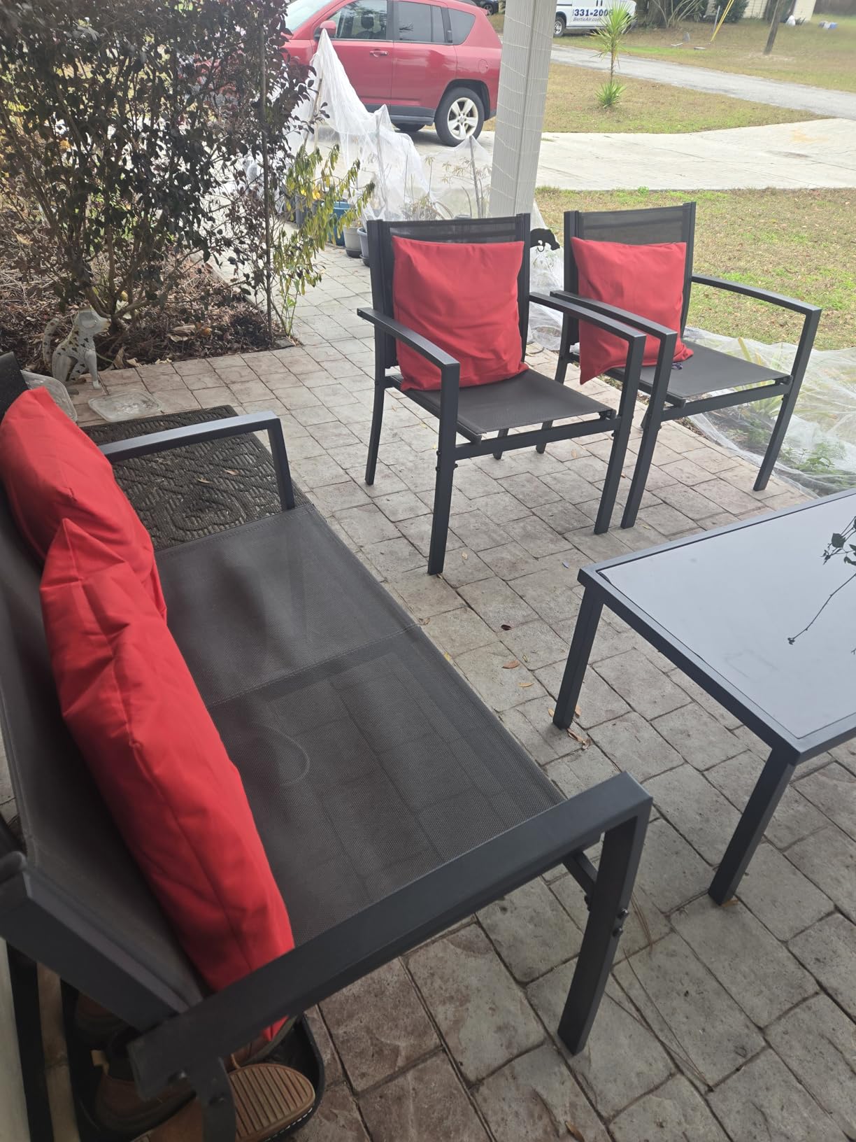 Shintenchi 4 Pieces Patio Furniture Set All Weather Textile Fabric Outdoor Conversation Set, with Glass Coffee Table, Loveseat, 2 Single Chairs for Home, Garden, Lawn, Porch (Black) customer photo 2