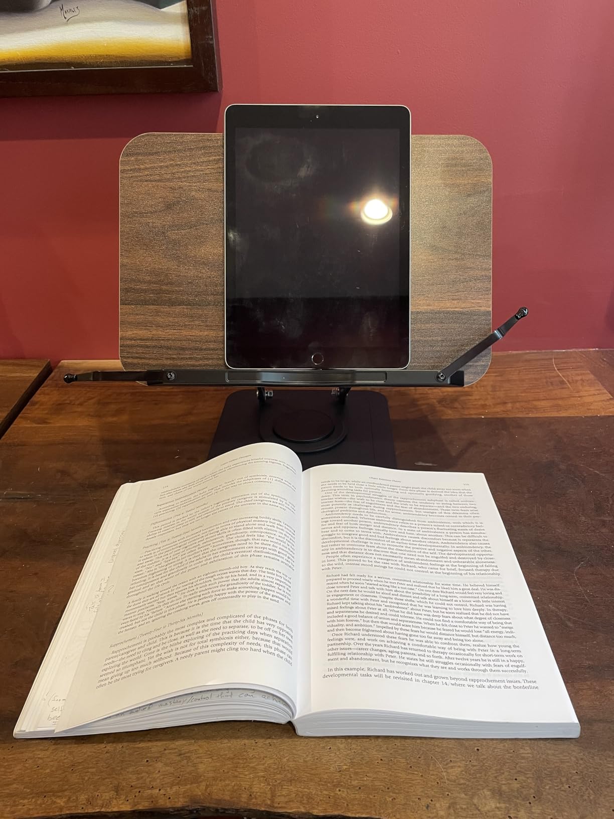 Book Stand for Reading, Adjustable Book Holder with 360°Rotating Bases, Ergonomic Cookbook Stand Recipe Book Holder with Elastic Page Clips for Magazines, Tablets, Laptops,Black customer photo 2