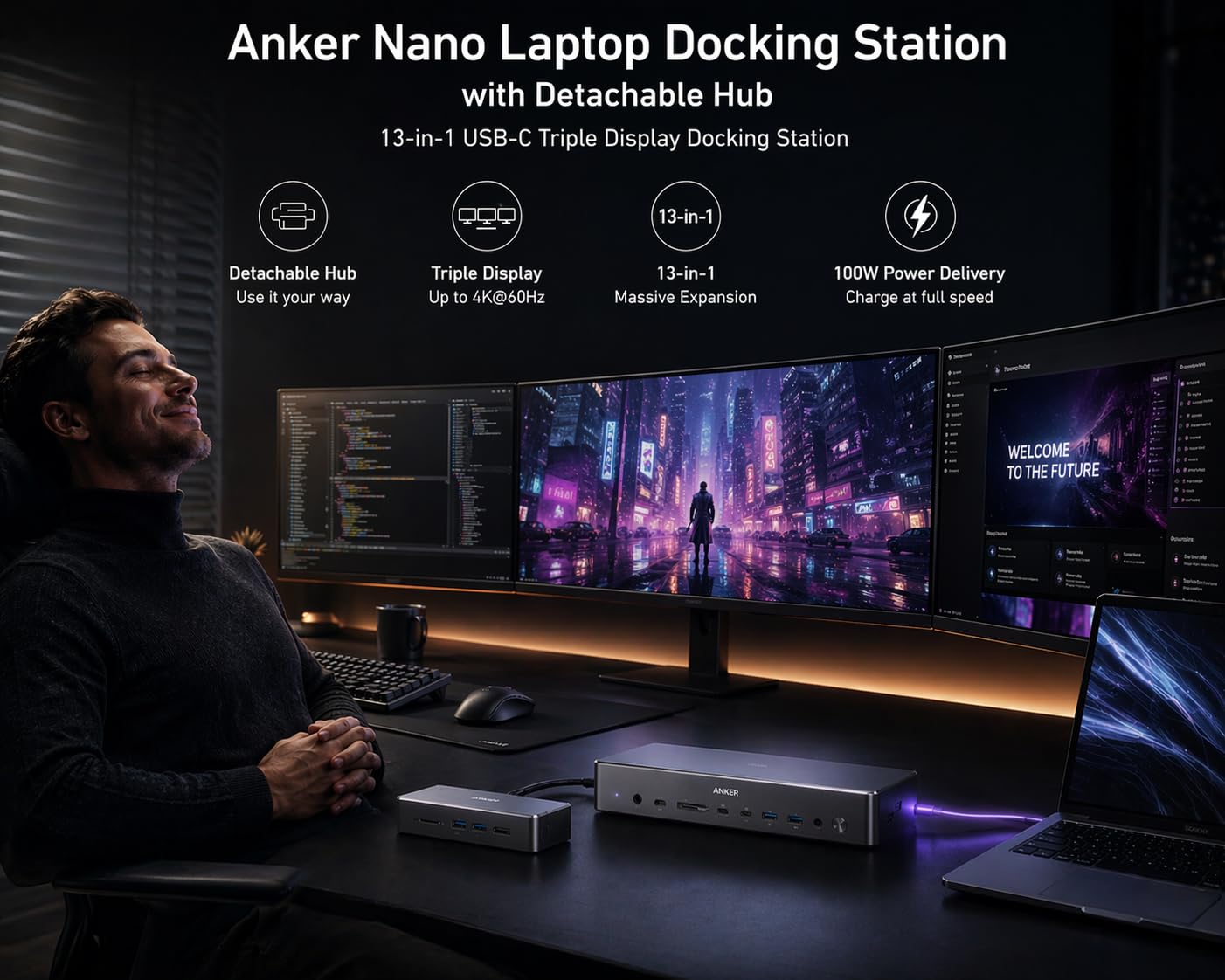 Anker Nano Laptop Docking Station with Detachable Hub, 13-in-1 USB-C Triple Display Docking with 2 HDMI+1 DP, 10 Gbps USB-C, 3 USB-A, Audio, SD/TF, Ethernet, 100W Max PD for Dell, Lenovo, HP, and More customer photo 1