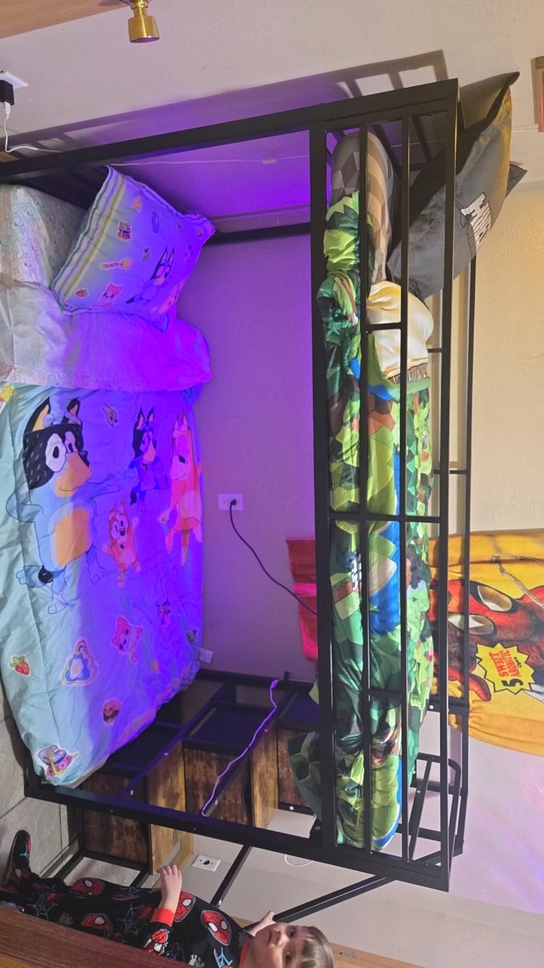 ADORNEVE Low Bunk Bed Twin Over Twin with Storage Staircase, Drawers & Shelves, RGB LED Lights Metal Floor Bunk with Power Outlet, Full-Length Guardrail & Metal Slats, for Small Space, Kids, Black customer photo 1