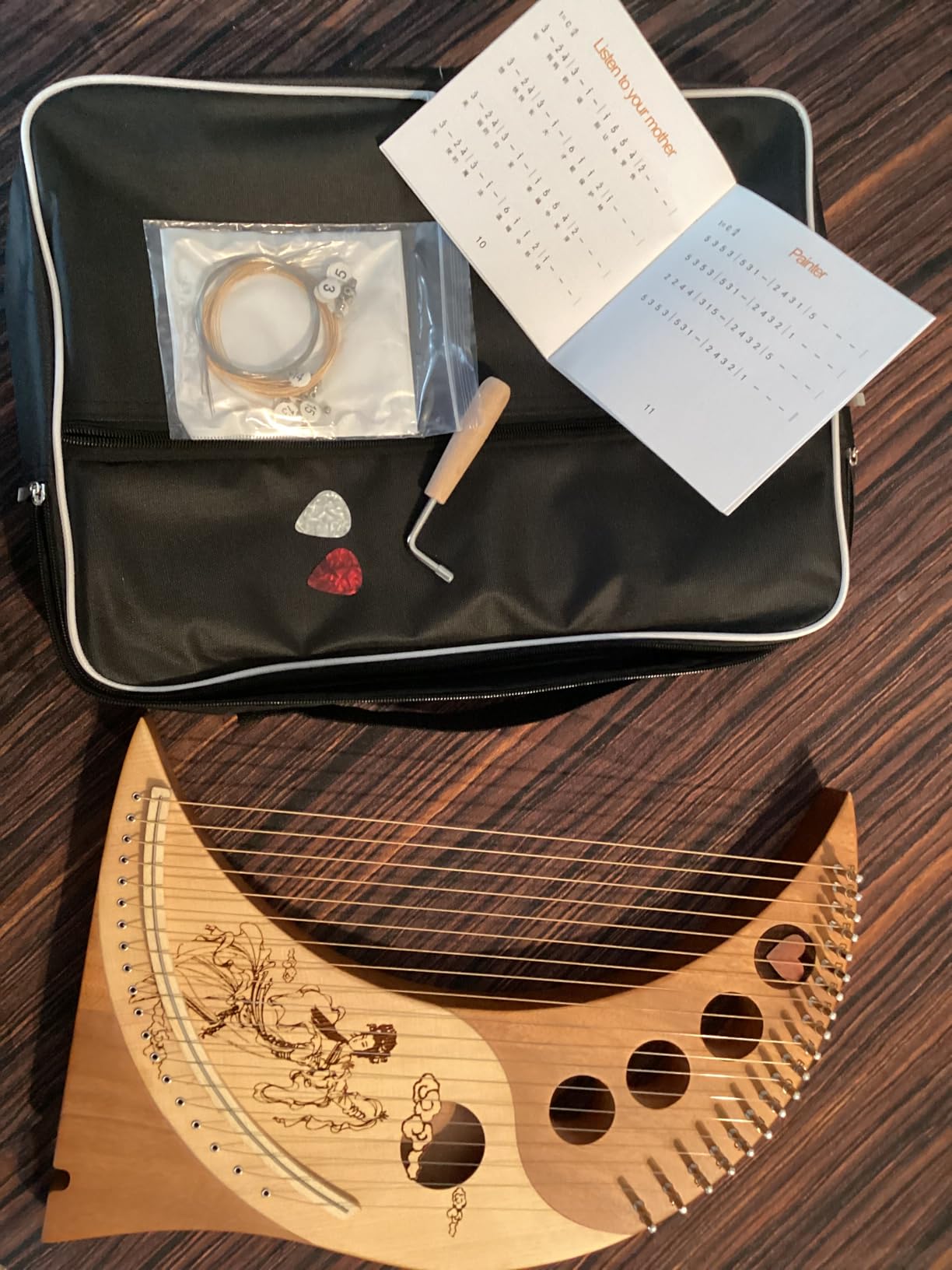 19-String Lyre Harp Kit - Ergonomic Lap Harp Instrument with Tuner& Picks | Moon Design, Traditional Classic Stringed Instruments (Brown) customer photo 2