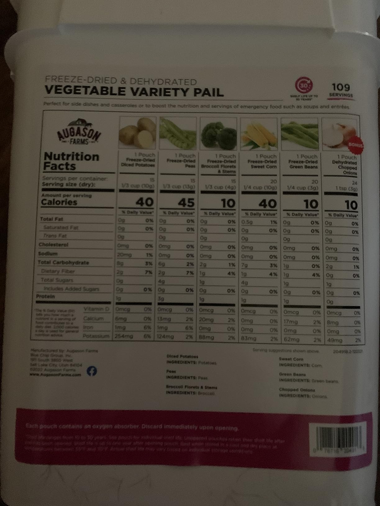 Augason Farms Freeze Dried Vegetable Variety Pail, Emergency Food Supply, Everyday Meals customer photo 1