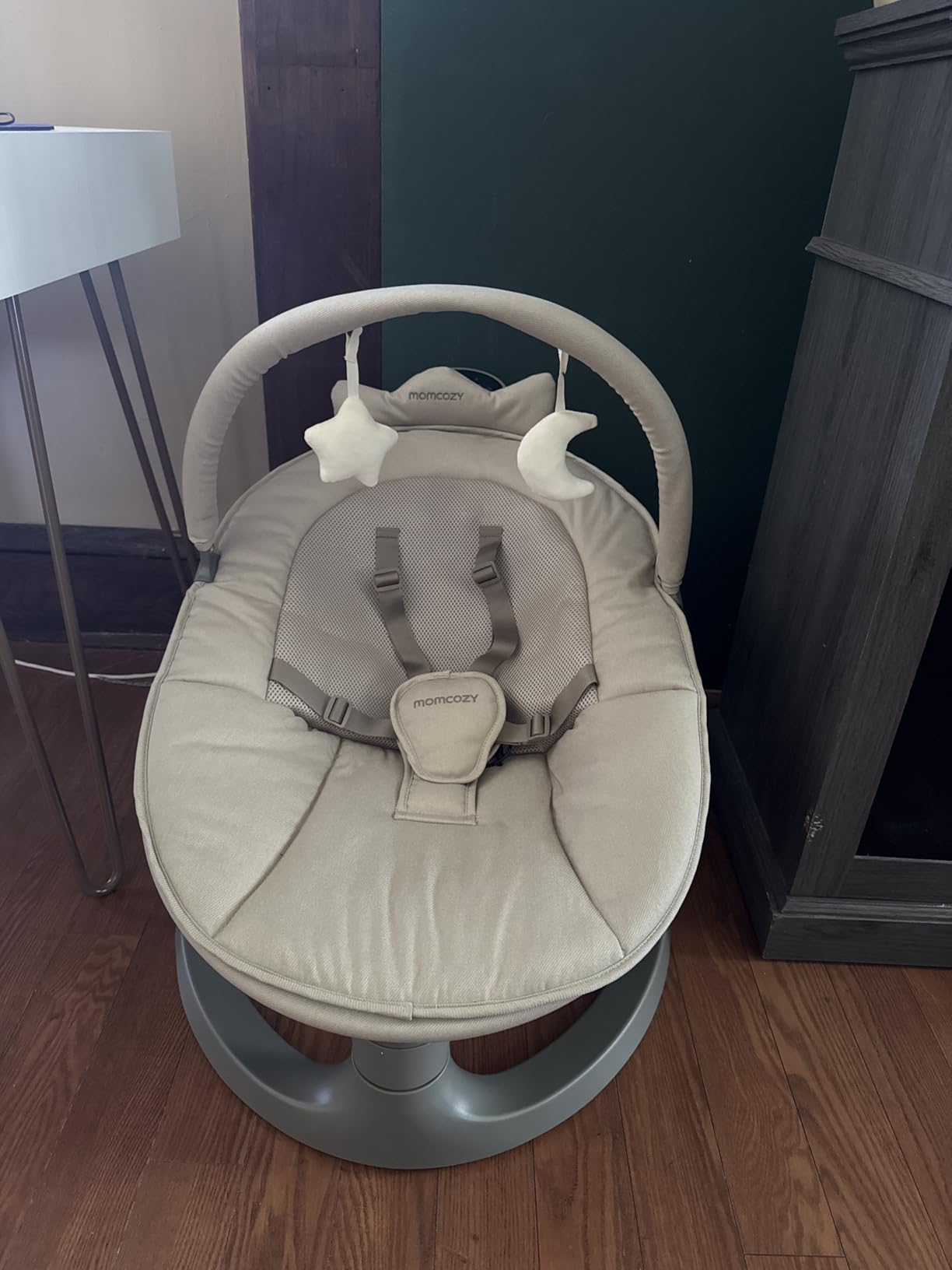 Momcozy 2-in-1 Electric Baby Swing, Dual-Arm Support System & Parent-Inspired Motions, Convertible to Toddler Seat up to 66 lbs, Khaki customer photo 1