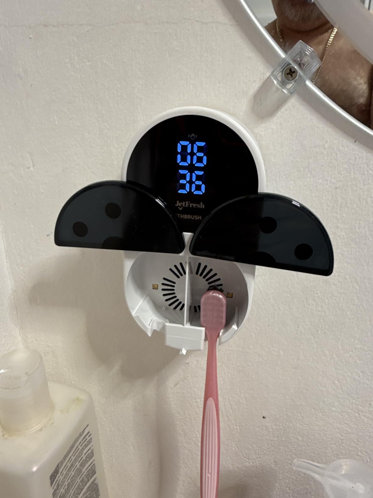 UV Toothbrush Sanitizer Holder & Cleaner with Led Clock Display, Hands-Free Wave Sensing & Dual Toothbrush Storage - Wall Mounted UV Tooth Brush Sanitizer Holder for Bathroom Decor, Fits All Brushes customer photo 1