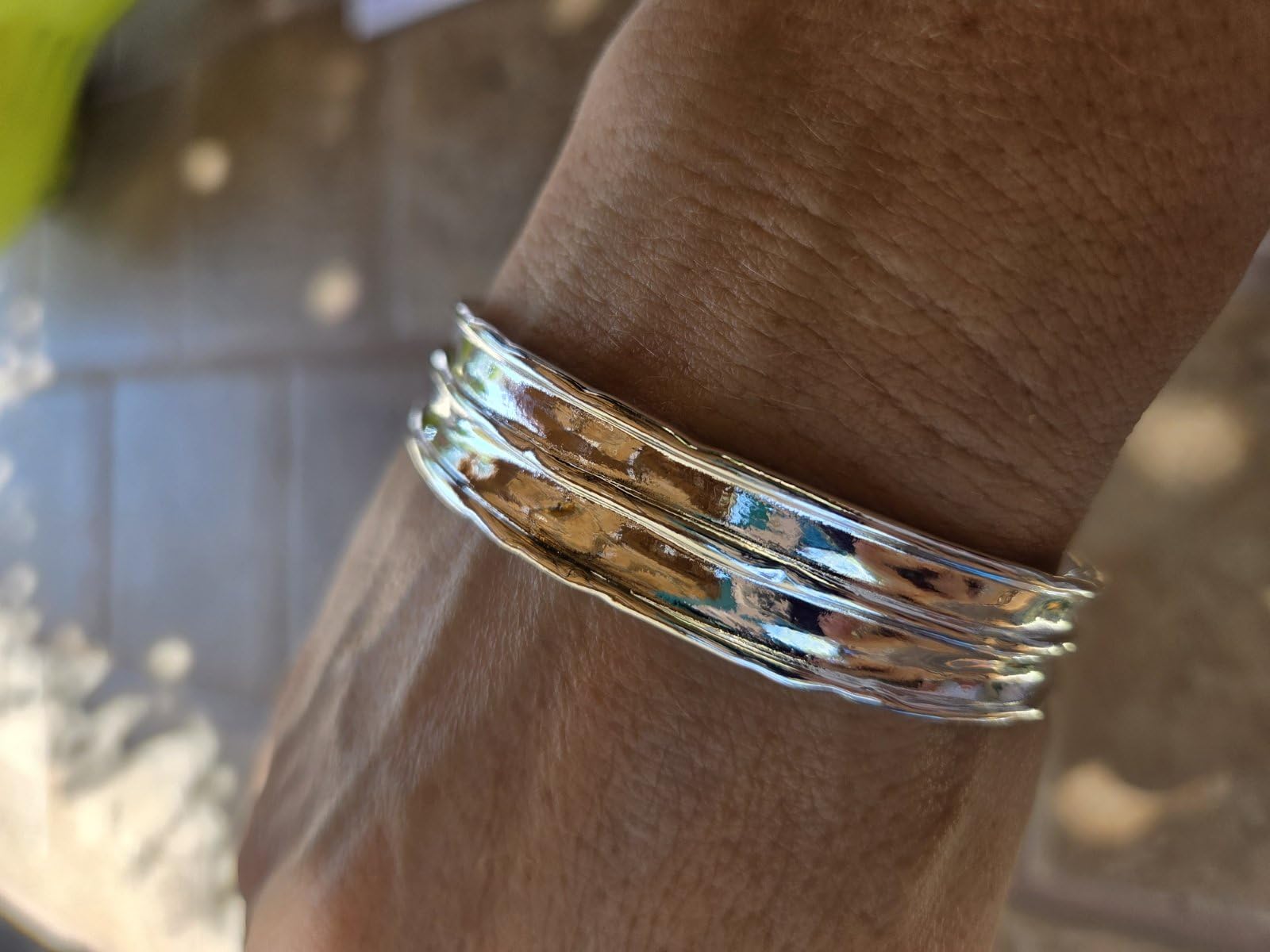 Irregular Hammered Wave Texture Cuff Bracelet for Women - Sterling Silver Open Bangle Hypoallergenic Jewelry customer photo 1