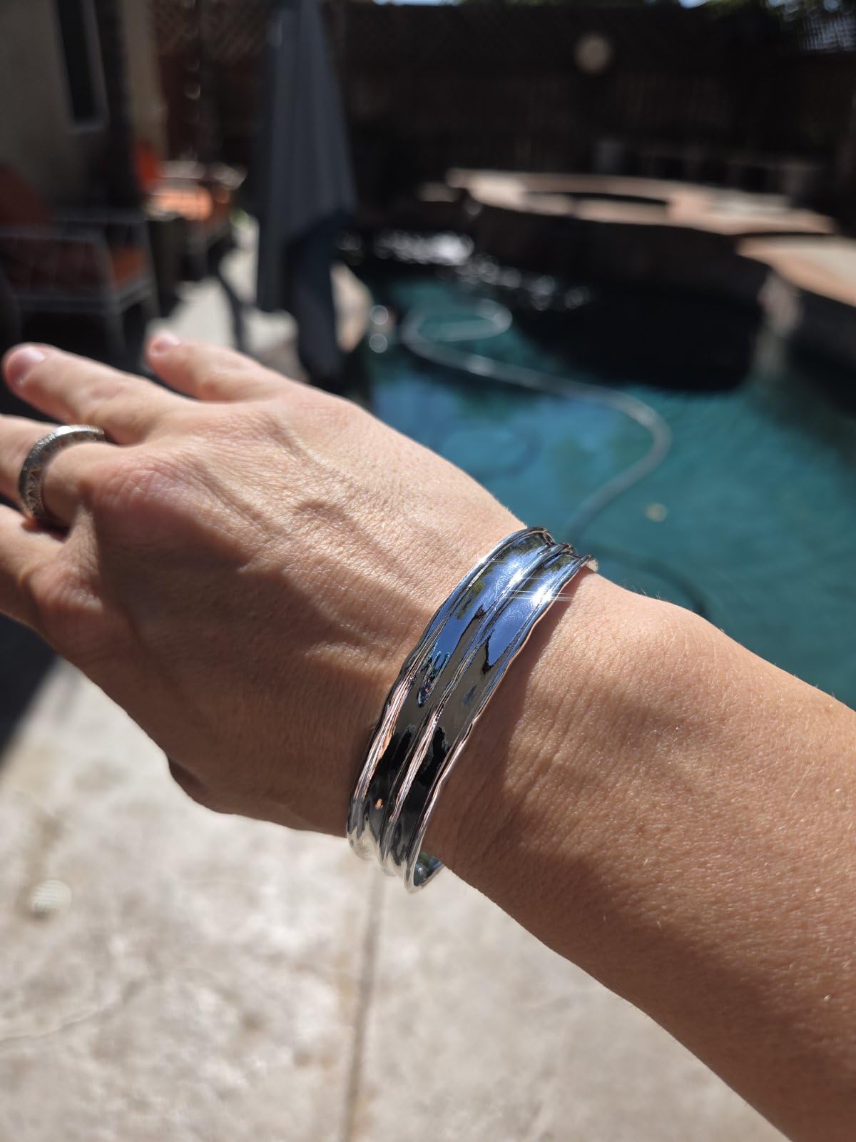 Irregular Hammered Wave Texture Cuff Bracelet for Women - Sterling Silver Open Bangle Hypoallergenic Jewelry customer photo 2