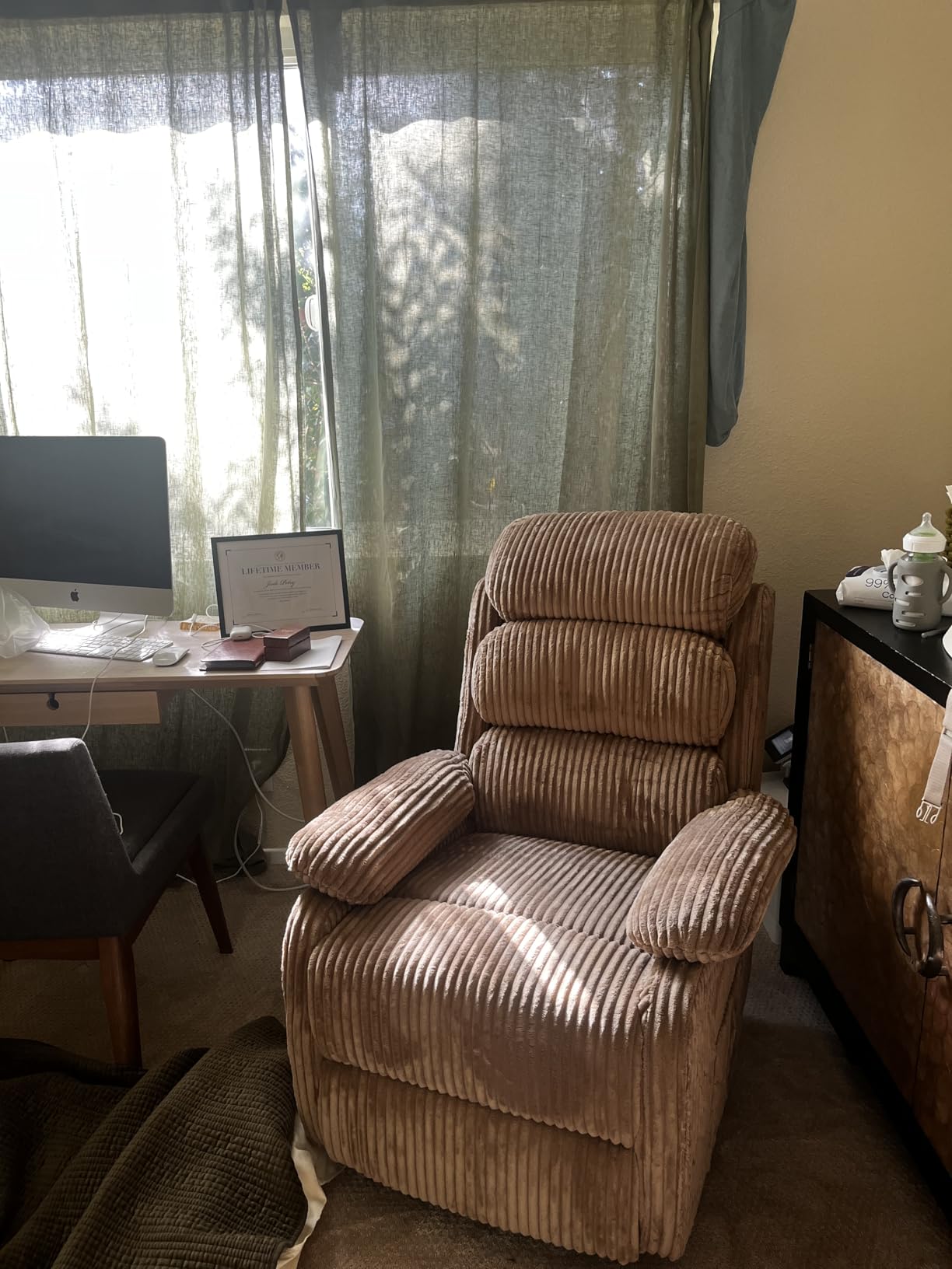 Adult 360 Rocking Recliner Chair, Nursery Rocker Reclining Chair with Side Pocket, Velvet Fabric in Beige customer photo 1