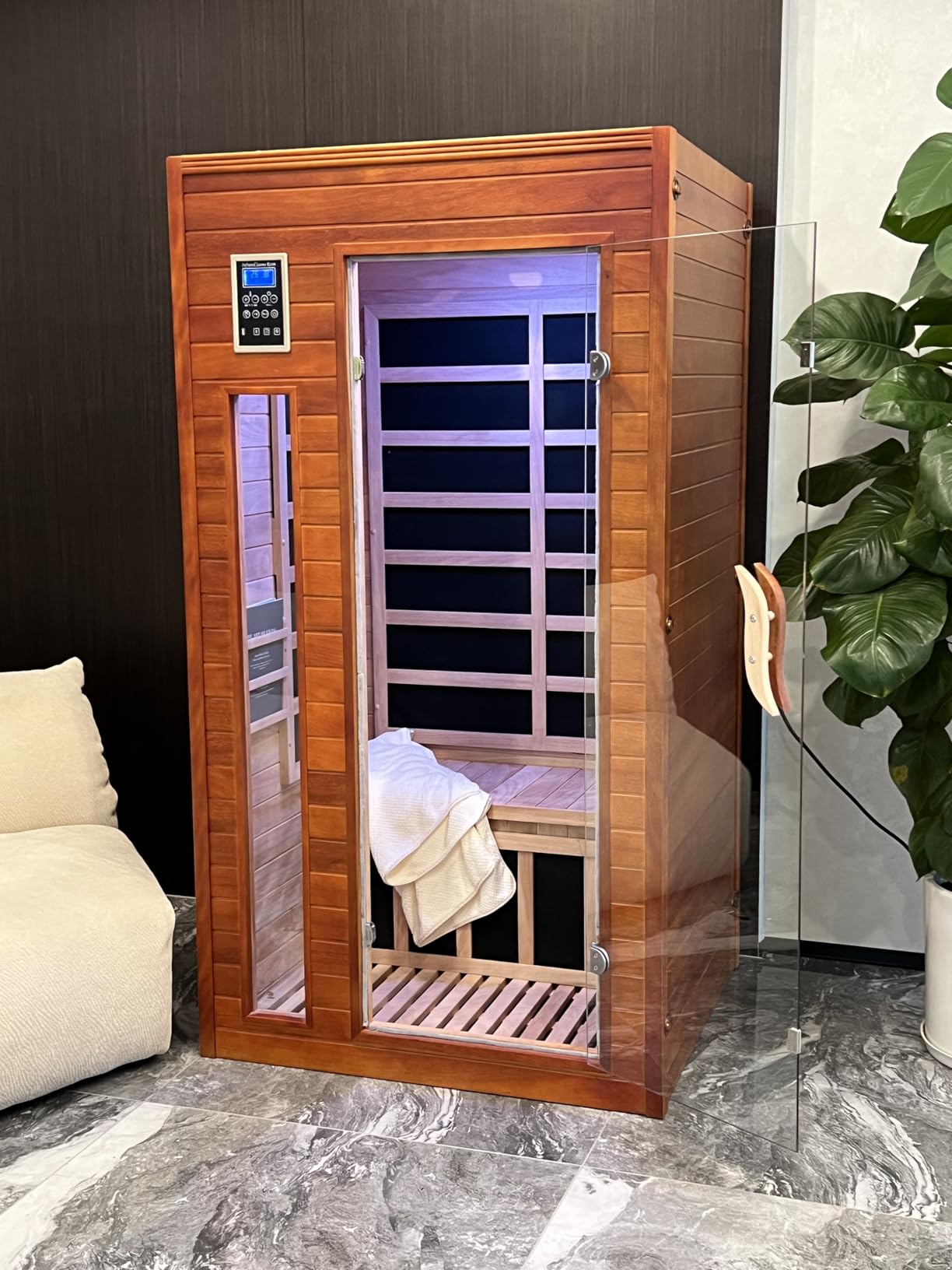 X-Vcak 1-2 Person Infrared Sauna, Dry Heat Sauna with Red Light Therapy, Bluetooth, Radio, 7-Color Therapy Light for Home, Indoor, Gym, Wellness Center, 36 x 36 x 73, Brown customer photo 1