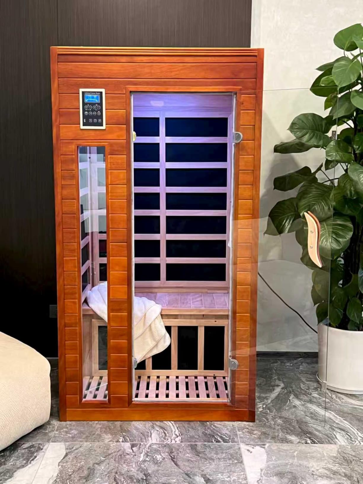 X-Vcak 1-2 Person Infrared Sauna, Dry Heat Sauna with Red Light Therapy, Bluetooth, Radio, 7-Color Therapy Light for Home, Indoor, Gym, Wellness Center, 36 x 36 x 73, Brown customer photo 2