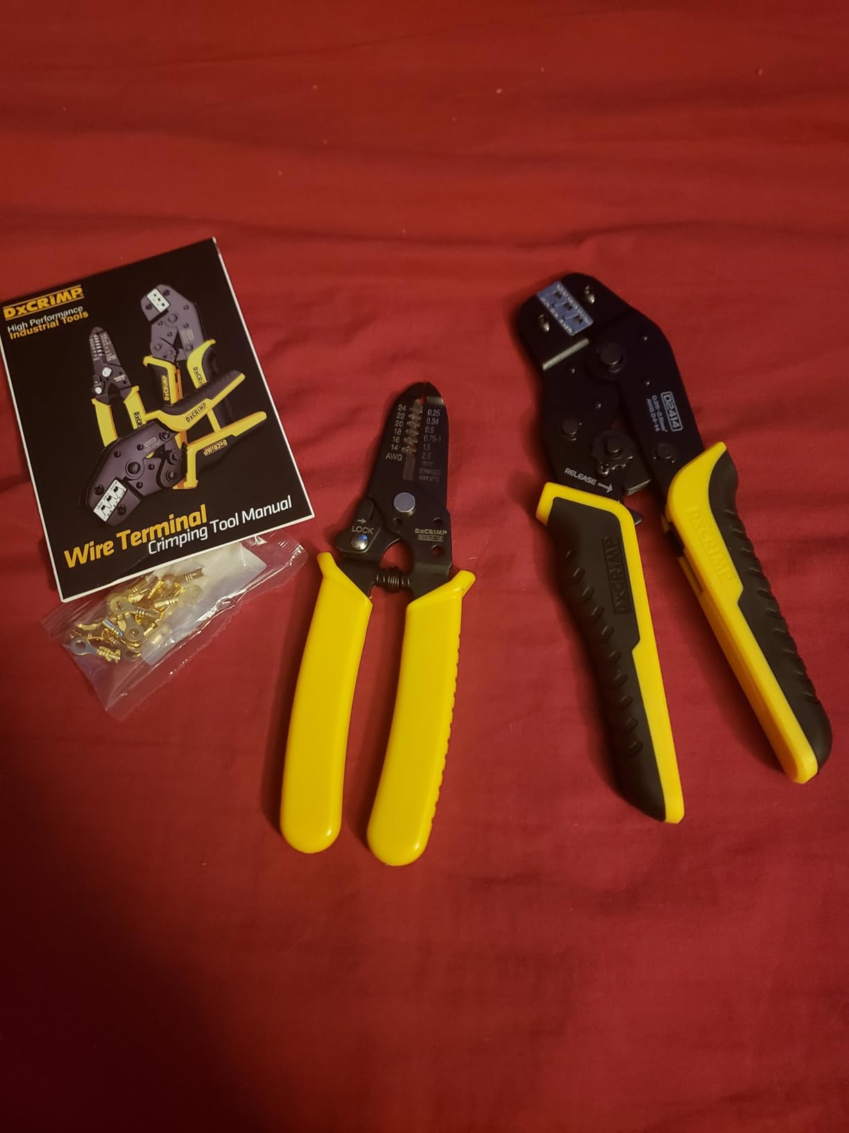 Crimping Tool Kit, 36-Type Open Spade & Quick-Disconnect Connector Set (2.8/3.9/4.8/6.3 mm) Non-Insulated Terminals with Wire Stripper, 24-14 AWG Ratcheting Crimper, for Auto, Appliance, DIY customer photo 1