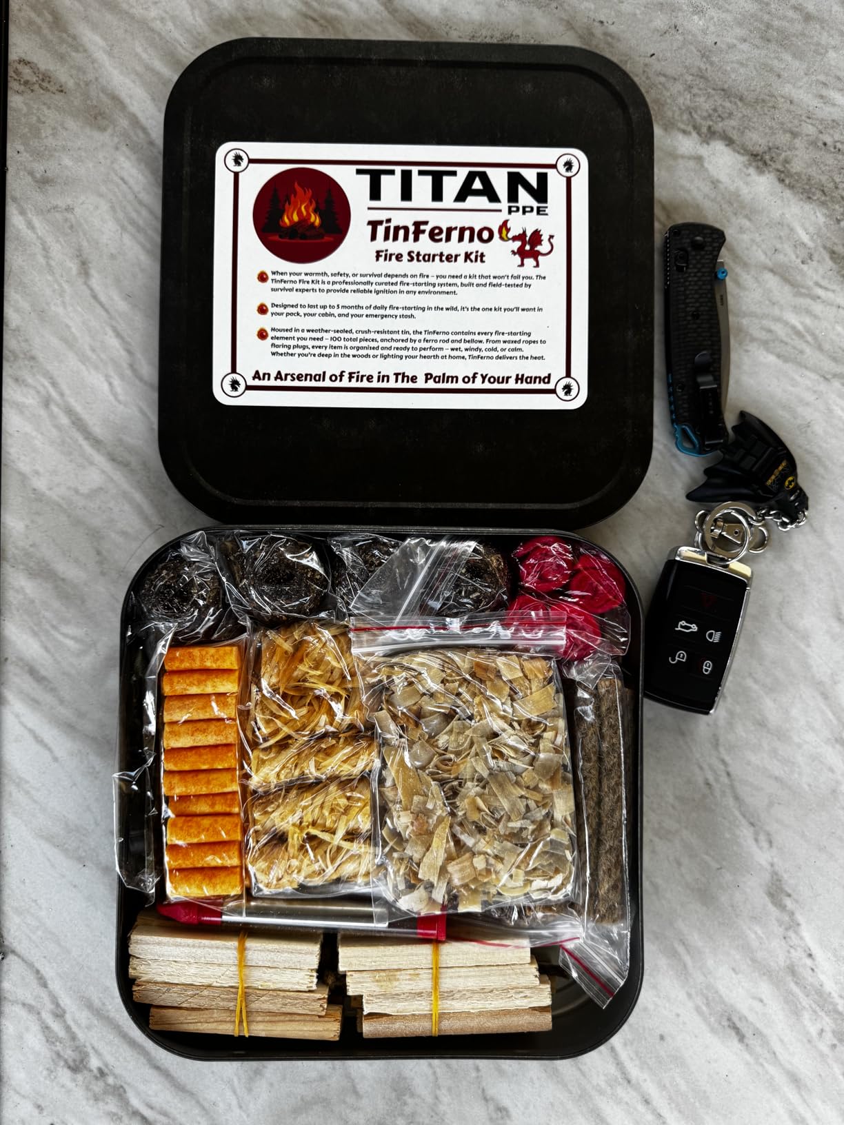 TinFerno Fire Starting Kit - 100pc Fire Starter for Campfires, Ferro Rod, Magnesium Flint, Char Cloth, Fatwood, Fire Kit, Hemp Wick, Camping, Bushcraft & Survival - Emergency Fire Starter Kit customer photo 2