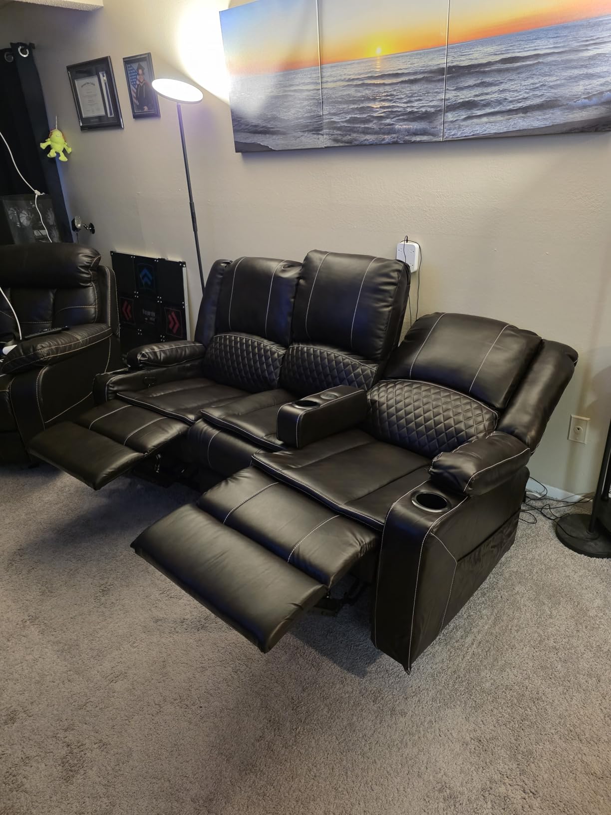 3+1 Manual Recliner Sofa, Maximum Load Capacity 1800lbs & Ergonomics Design, Multi-Functional Middle Seat & Home Theater Seating with Removable Armrest and Storage for RV Living Room (Velvet,Grey) customer photo 2
