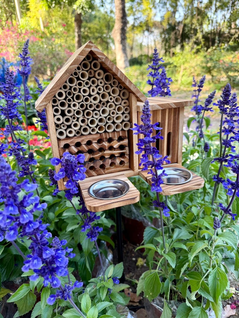 Mason Bee House Wooden Butterfly House with Feeders and Metal Stake, Insect Hotel for Garden Backyard, Natural Handmade Waterproof Bugs House, Attracts Bee, Butterfly, Ladybirds Pollinators customer photo 1
