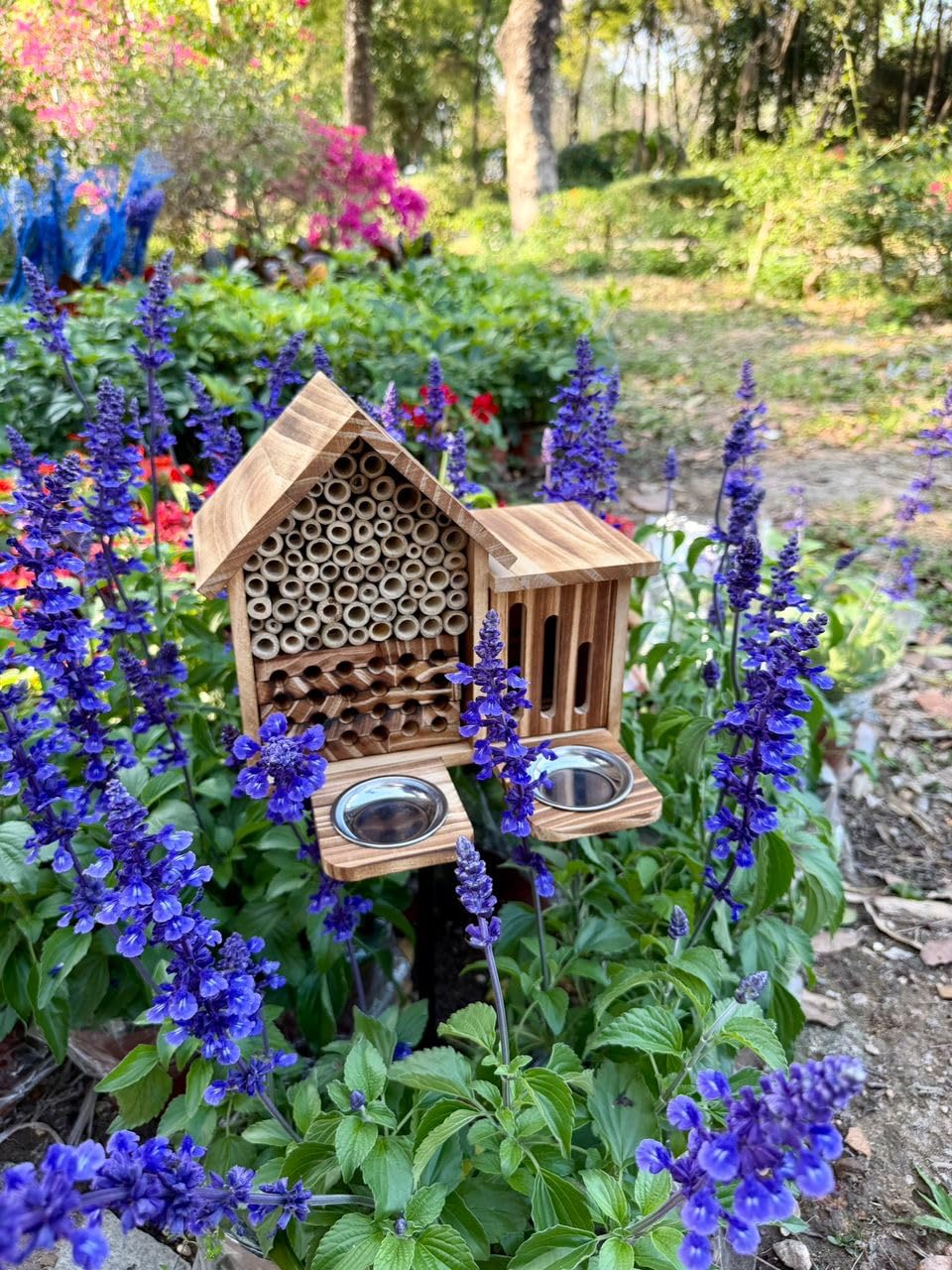 Mason Bee House Wooden Butterfly House with Feeders and Metal Stake, Insect Hotel for Garden Backyard, Natural Handmade Waterproof Bugs House, Attracts Bee, Butterfly, Ladybirds Pollinators customer photo 2
