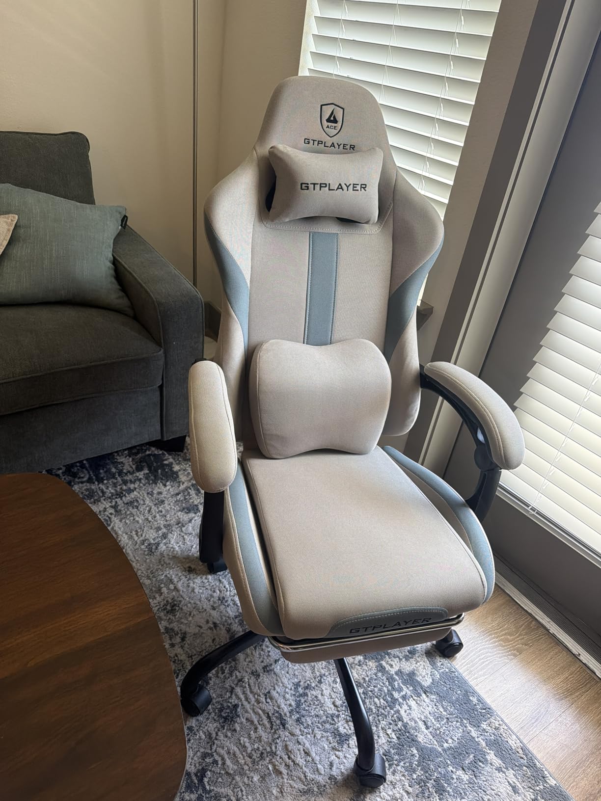 GTPLAYER Gaming Chair with Foot Rest & Pocket Spring Cushion, Ergonomic High Back Computer Desk Chair with Headrest & Lumbar Support for Back Pain Relief, Breathable Fabric, Mist-Blue customer photo 1