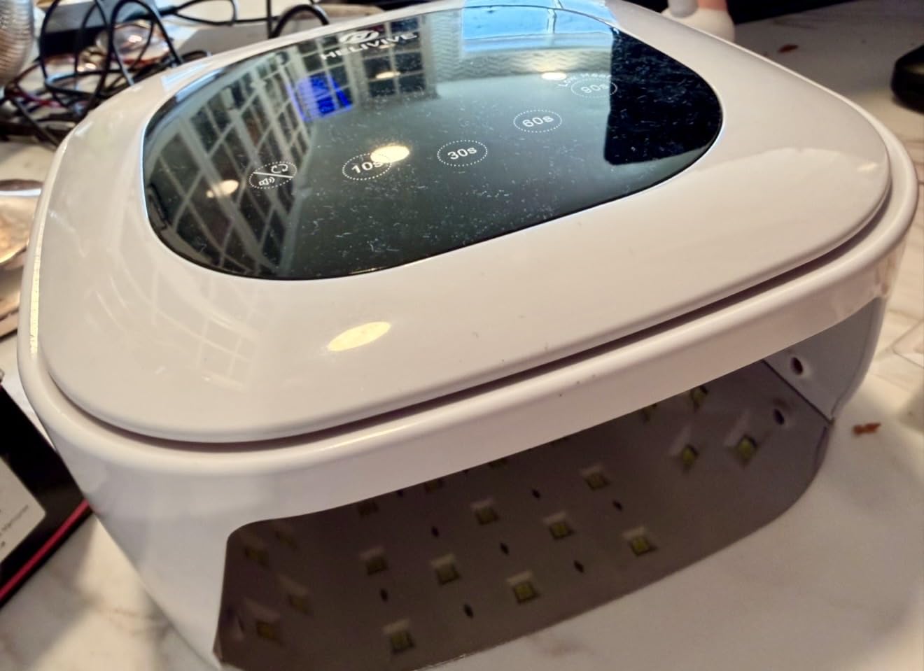 Cordless UV LED Nail Lamp, 80W Rechargeable Nail Dryer with 4 Timers, Atmosphere Light & Mirror Base, UV Light for All Gel Nails, Ideal for Training, Nail Art Practice, Home & Salon Use (White) customer photo 1