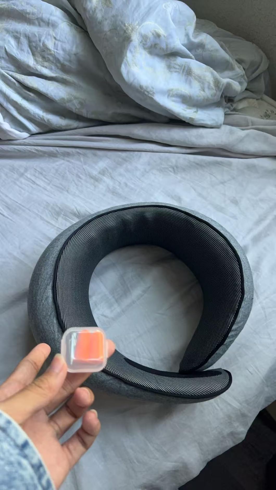 Travel Neck Pillow with 100% Pure Memory Foam, G-Shape, Includes Eye Mask and Ear Plugs, Ergonomic Design for Airplane, Car and Office, etc, Beige Gray customer photo 1