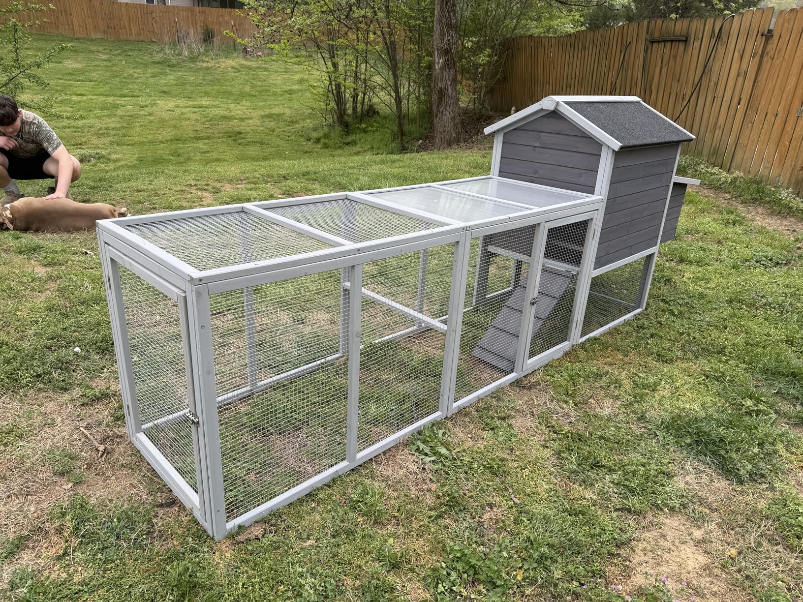 Chicken Coop, Large Wooden Chicken Coop with Nesting Boxes & Run Cage for 3-6 Chickens, Outdoor Hen House Poultry Hutch Rabbit Cage with No-Slip Ramp & Pull-Out Tray for Backyard Farm (Grey) customer photo 1