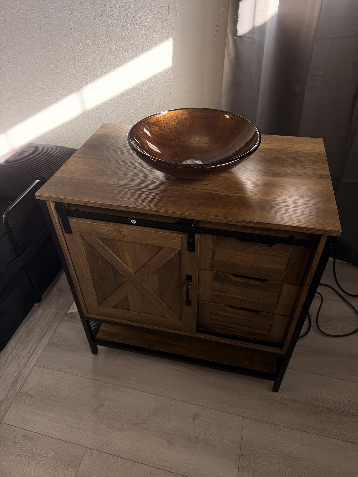Concho 47'' Farmhouse Bathroom Vanity with Double Vessel Sink, Bathroom Sink Storage Cabinet with LED Light & Sliding Barn Door, Adjustable Shelf, 3 Drawers, Side Hooks, Rustic Brown customer photo 1