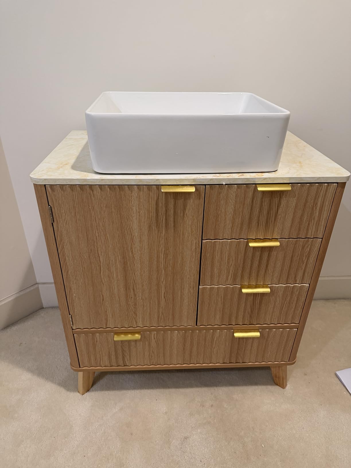 Concho 31'' Fluted Bathroom Vanity with Ceramic Sink, Modern Bathroom Sink Storage Cabinet with Wood Marble Top & 4 Spacious Drawers, Freestanding Bathroom Vanity Cabinet, Natural Oak customer photo 1