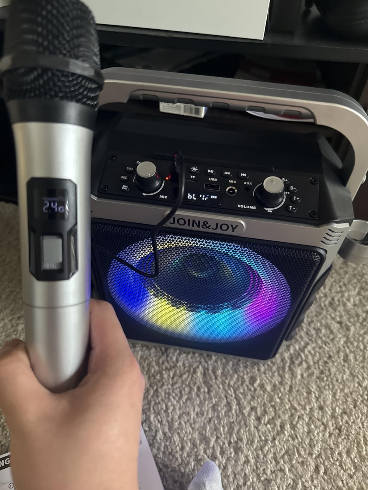 Portable Karaoke Machine, with Wireless Microphones, Bluetooth Party Speaker with LED Lights, Loud Subwoofer, USB/AUX, Outdoor Karaoke Speaker for Adults & Kids, Home & Party customer photo 1