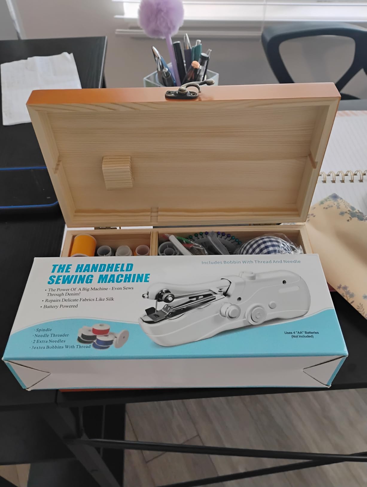 Handheld Sewing Machine with Exquisite Wooden Storage Box & 142-Piece Sewing Kit - Electric Switch, Dual Power Supply customer photo 2
