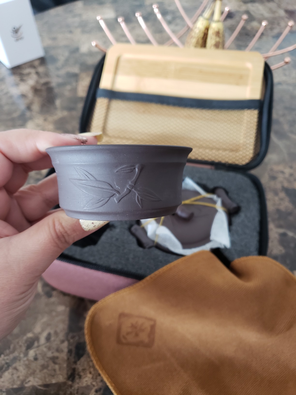 Yixing Purple Clay Travel Tea Set - Kungfu Teapot, Teacups, Wooden Tea Tray, Portable Travel Bag customer photo 1