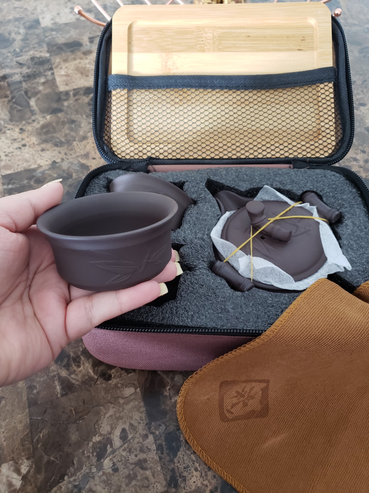 Yixing Purple Clay Travel Tea Set - Kungfu Teapot, Teacups, Wooden Tea Tray, Portable Travel Bag customer photo 2