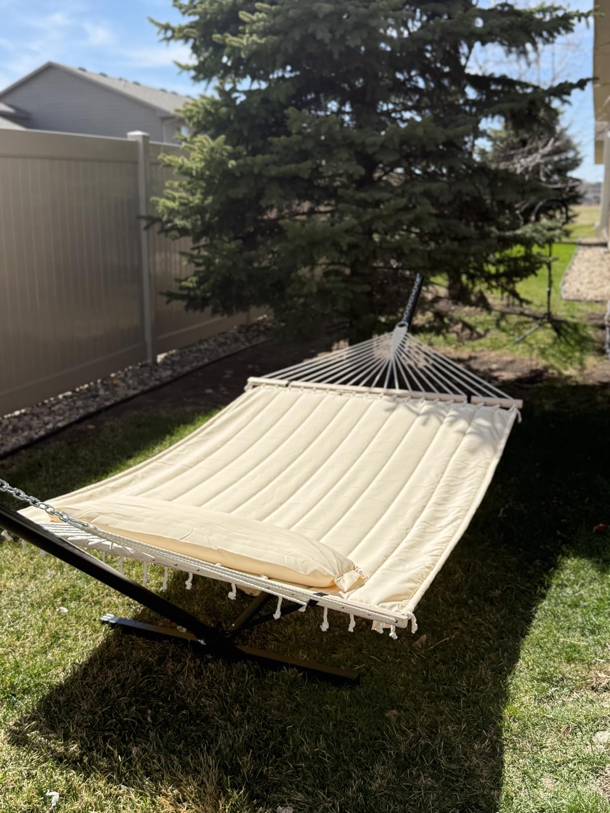 SUNCREAT 55 Inch Extra Large Double Hammock with Stand, 475lbs Capacity, Outdoor Portable Hammock with Hardwood Spreader Bar, Extra Large Pillow, Grey customer photo 1