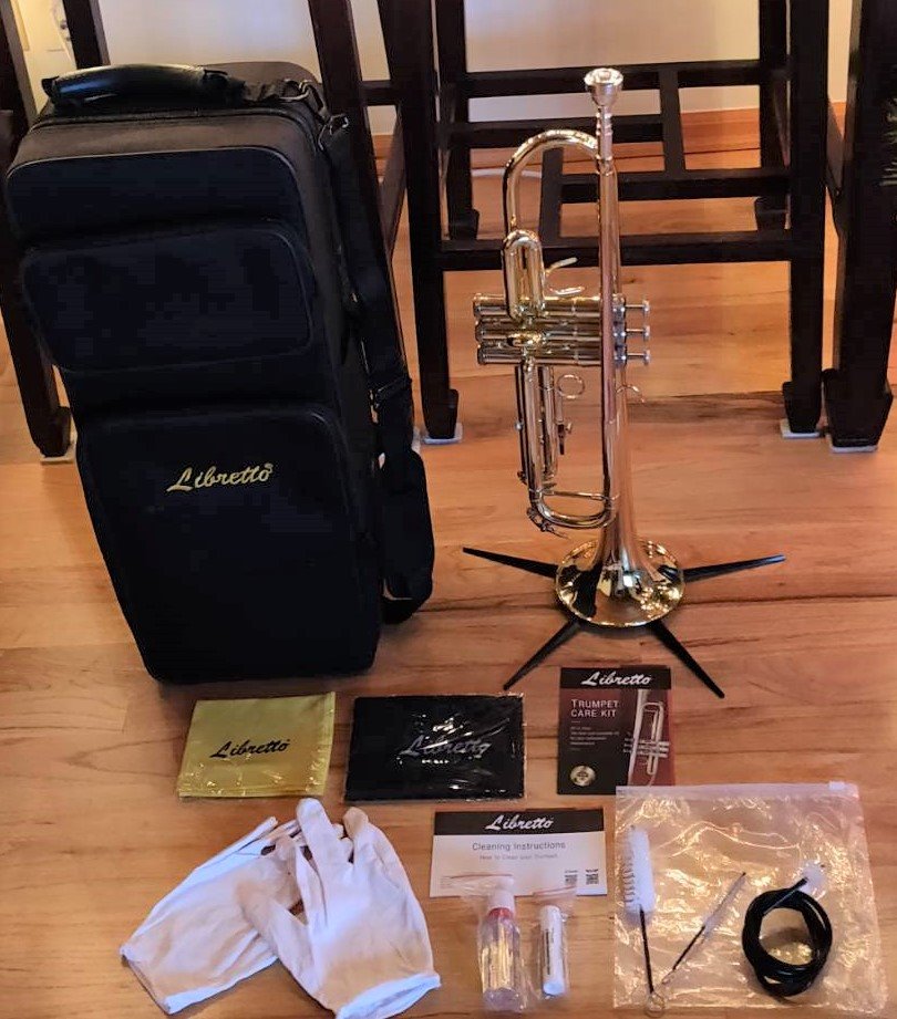 Libretto Gold Lacquer Bb Trumpet Set, Rose Brass Leadpipe, Standard for Beginner & Intermediate Students, Stainless Valve, 7C Mouthpiece, Durable Case, Portable Stand & Maintenance Kit w/Instructions customer photo 2