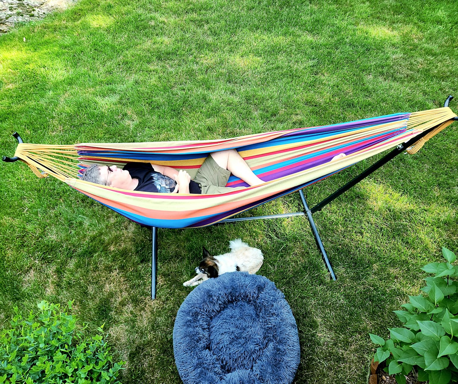 Vivere Double Cotton Hammock with Space Saving Steel Stand, Upgraded Polyester End Strings 450 lb Capacity - Premium Carry Bag Included - USA Grown Cotton (Island Breeze) customer photo 2