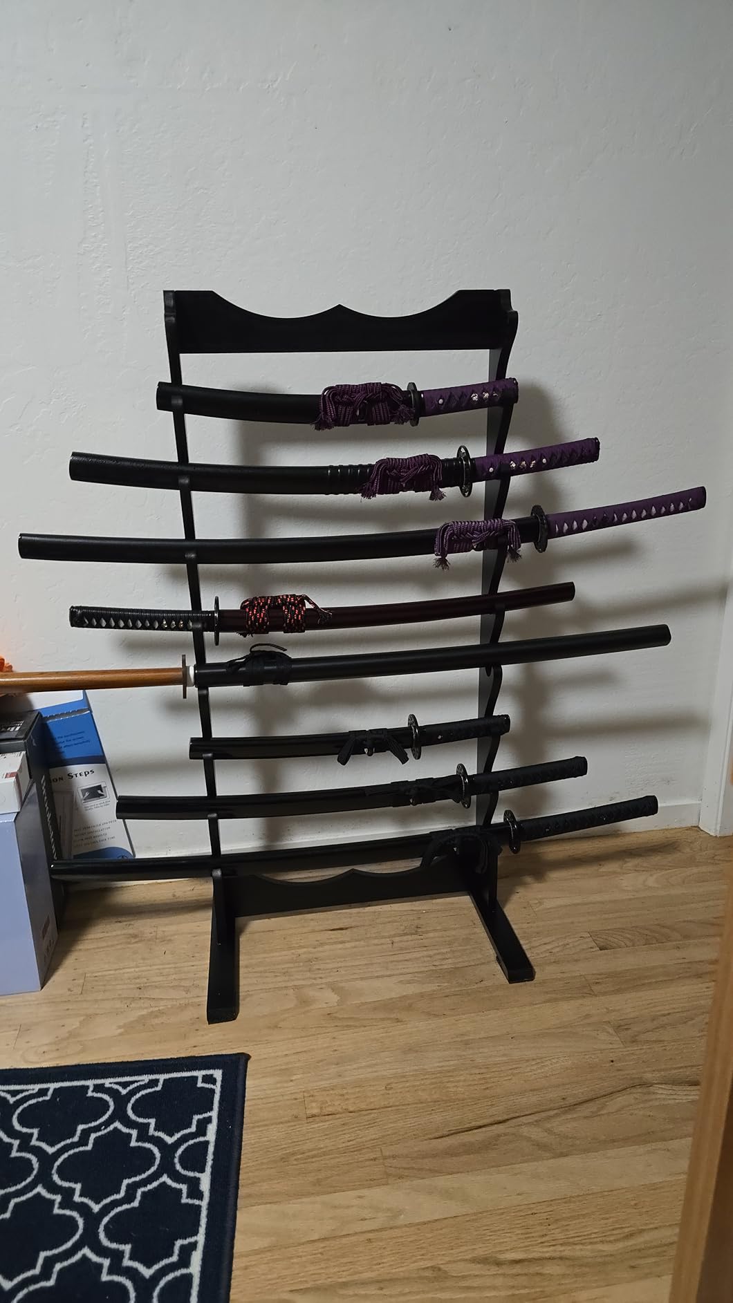 SZCO 8 Sword Wooden Floor Stand - Sword Stand Display Rack for Martial Arts, Ninja, Katana, Medieval & Samurai Swords - Black Hardwood Katana Stand and Sword Holder with Hardware Included customer photo 2