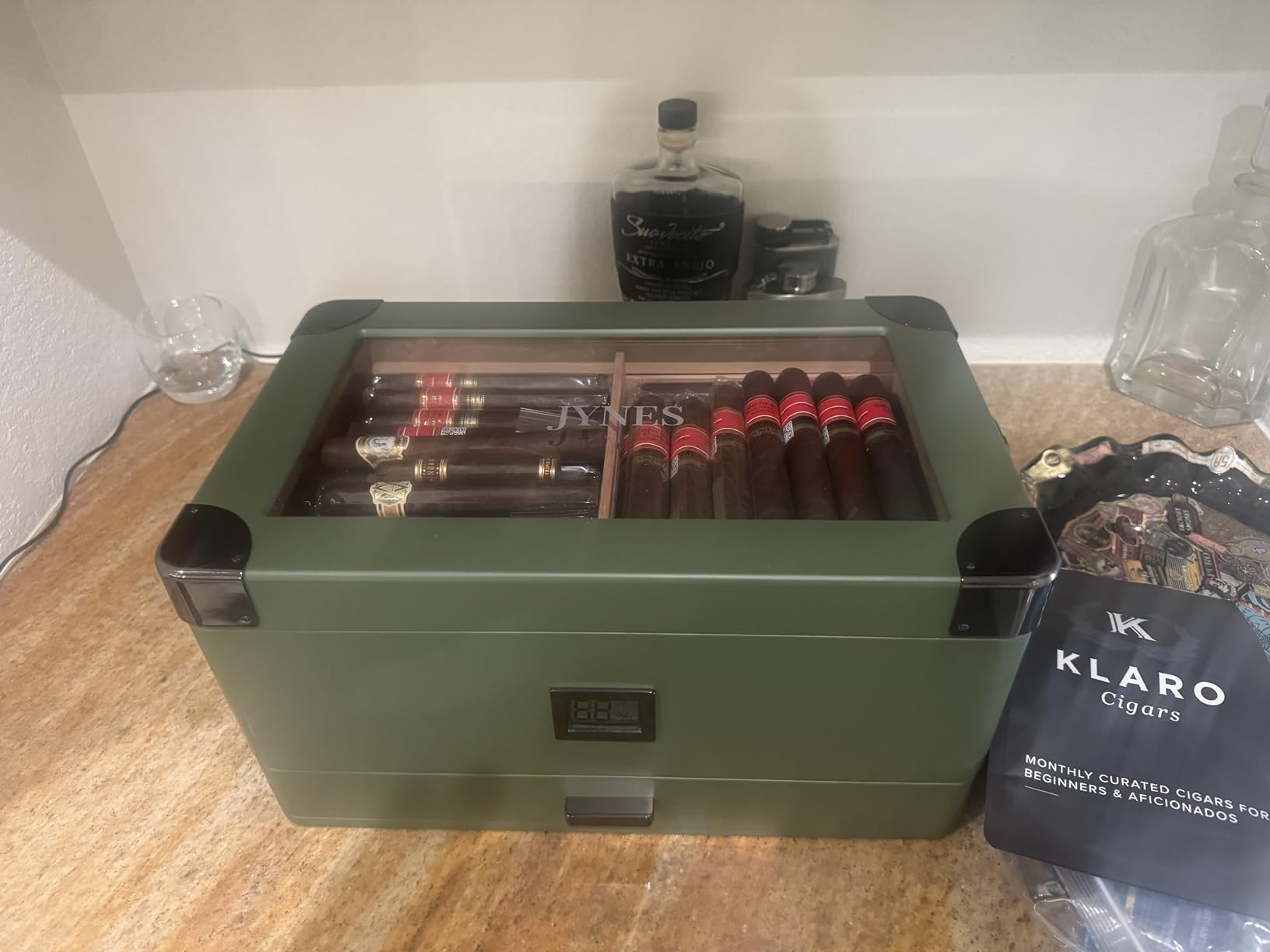 Case Elegance Military Glass Top Humidor, Matte Green with Front Digital Hygrometer, Spanish Cedar, Humidor Solution, Hydro System, and Accessory Foam Drawer - Holds (70-100 Cigars) by Klaro customer photo 1