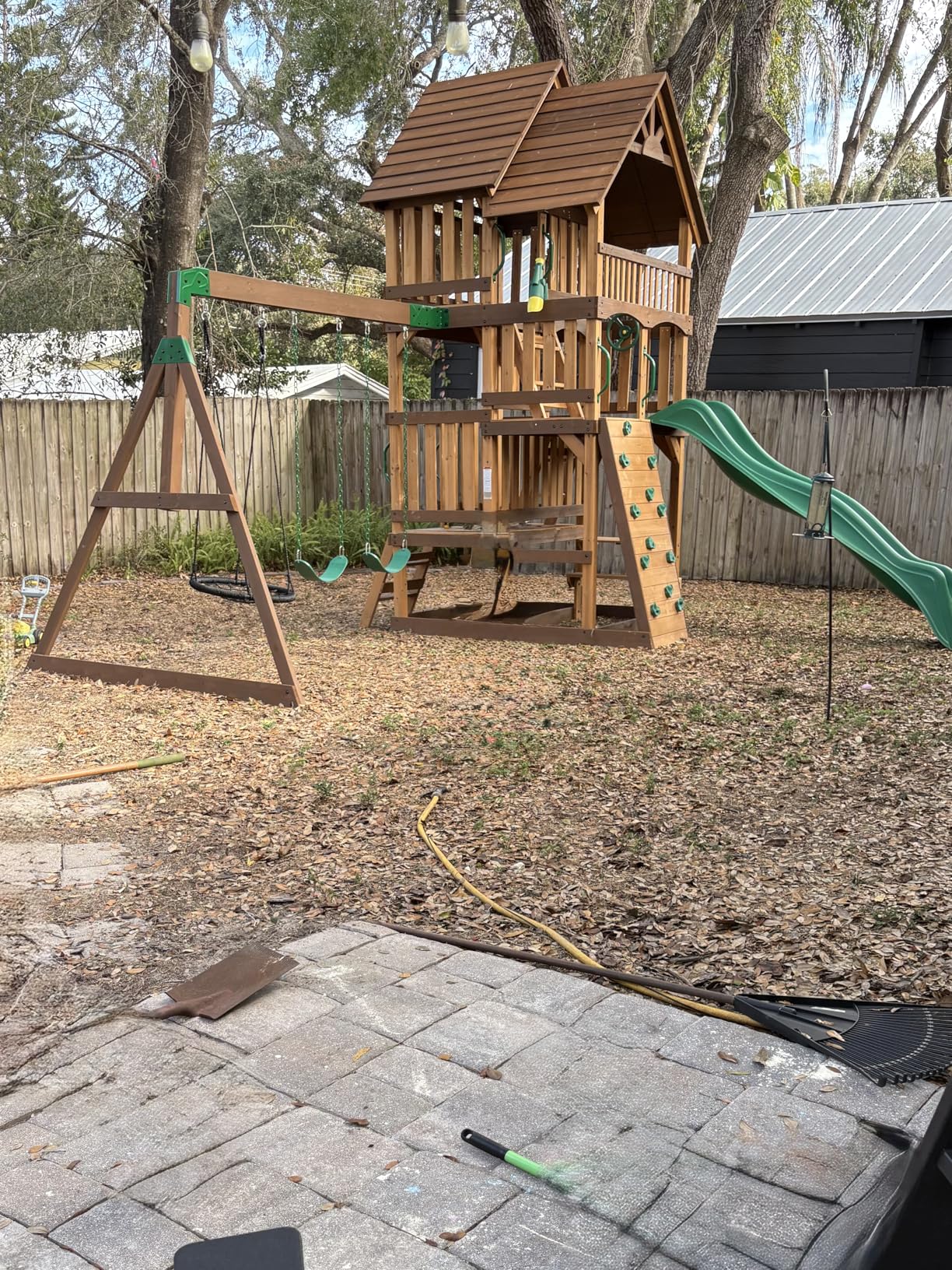 Backyard Discovery Highlander Cedar Wood Swing Set with Wave Slide, Three-Story Clubhouse, Rock Wall, Picnic Table, Belt Swings, Web Swing, Sandbox, Three Ladders, Toy Accessories, Outdoor Playset customer photo 1