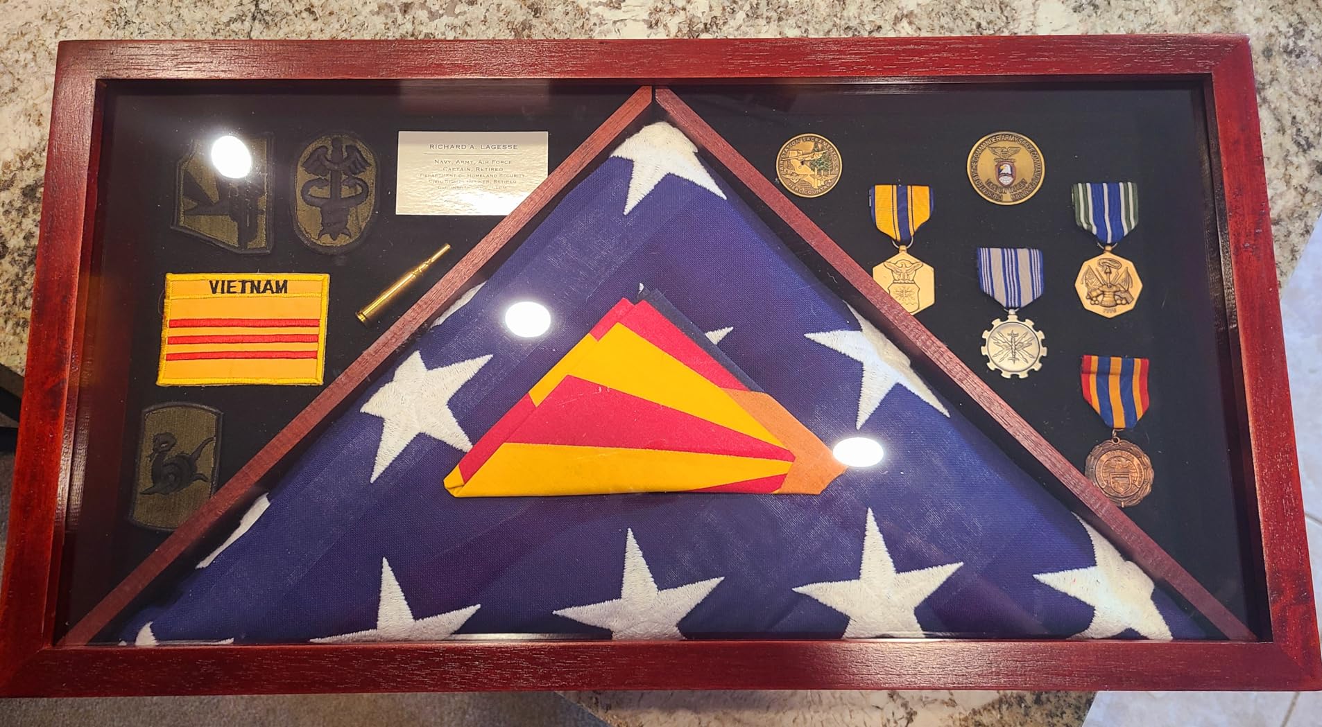 Large Military Shadow Box - Solid Wood Flag Case for 5' x 9.5' American Veteran Burial Flag, Velvet Like Felt Lining for Medals, and Polished Plexiglass (Mahogany) customer photo 2