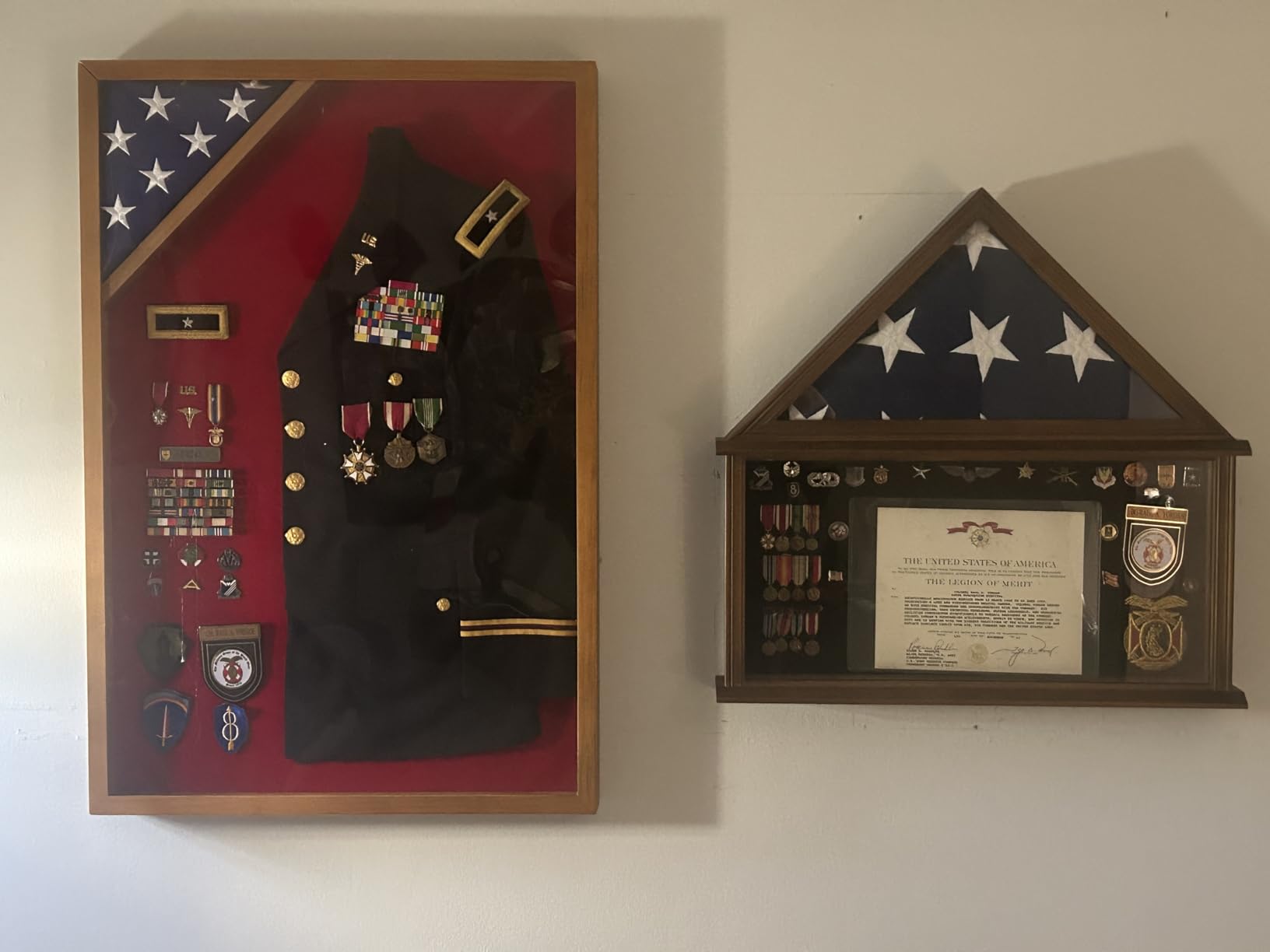 Flag Display Case Military Uniform Shadow Box Fits a Folded 3'x5' Army Navy Air Force Veterans Home Flown Flag with Police Uniform Jacket Display and Felt Lining for Badges and Medals, Walnut Finish customer photo 1
