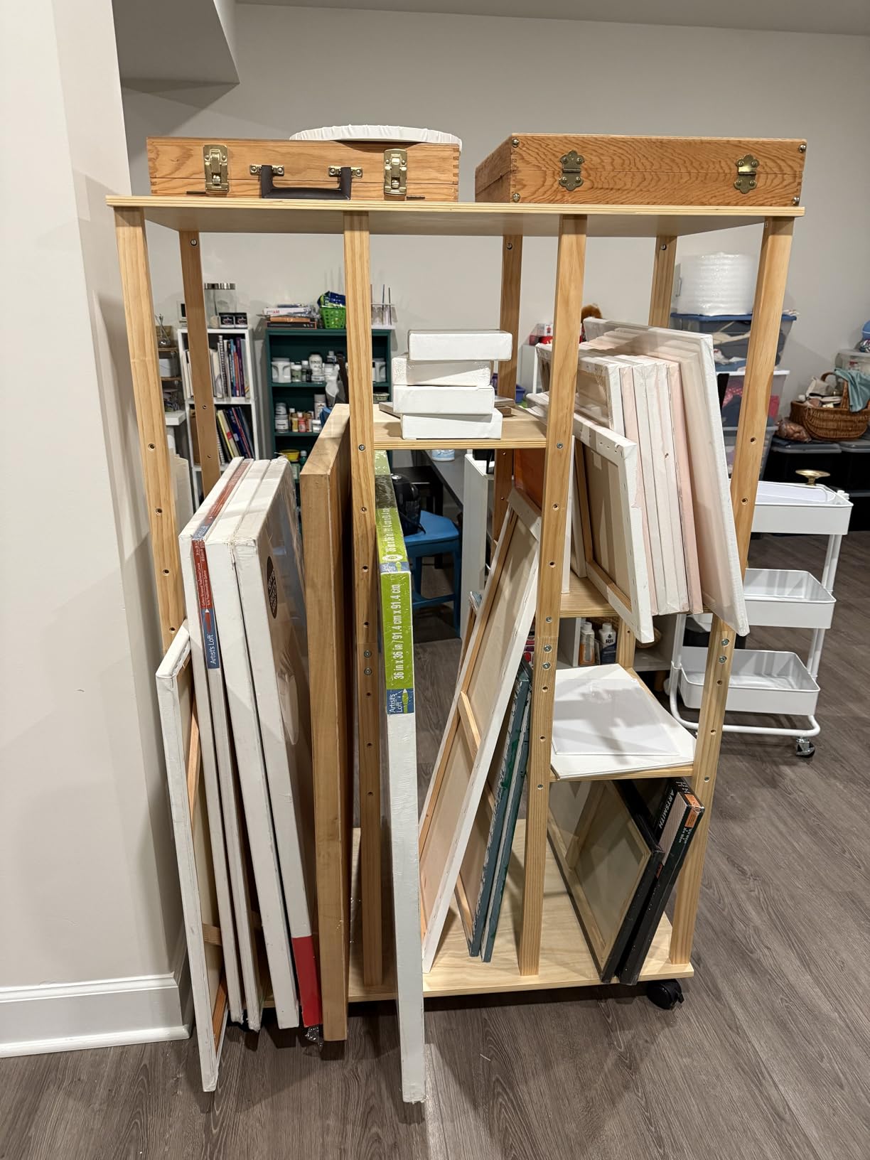 VISWIN Extra-Large Art Storage Rack with Wheels - Adjustable Wooden Drying & Display Rack for Canvas, Panels, Prints & Artworks, Multi-Tier Art Organizer for Studios & Galleries - Natural customer photo 2